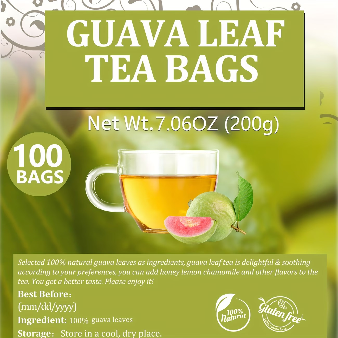 Natural Tea 100% Guava Leaves No Additives No Caffeine 2g x100 Bags Premium Leaf
