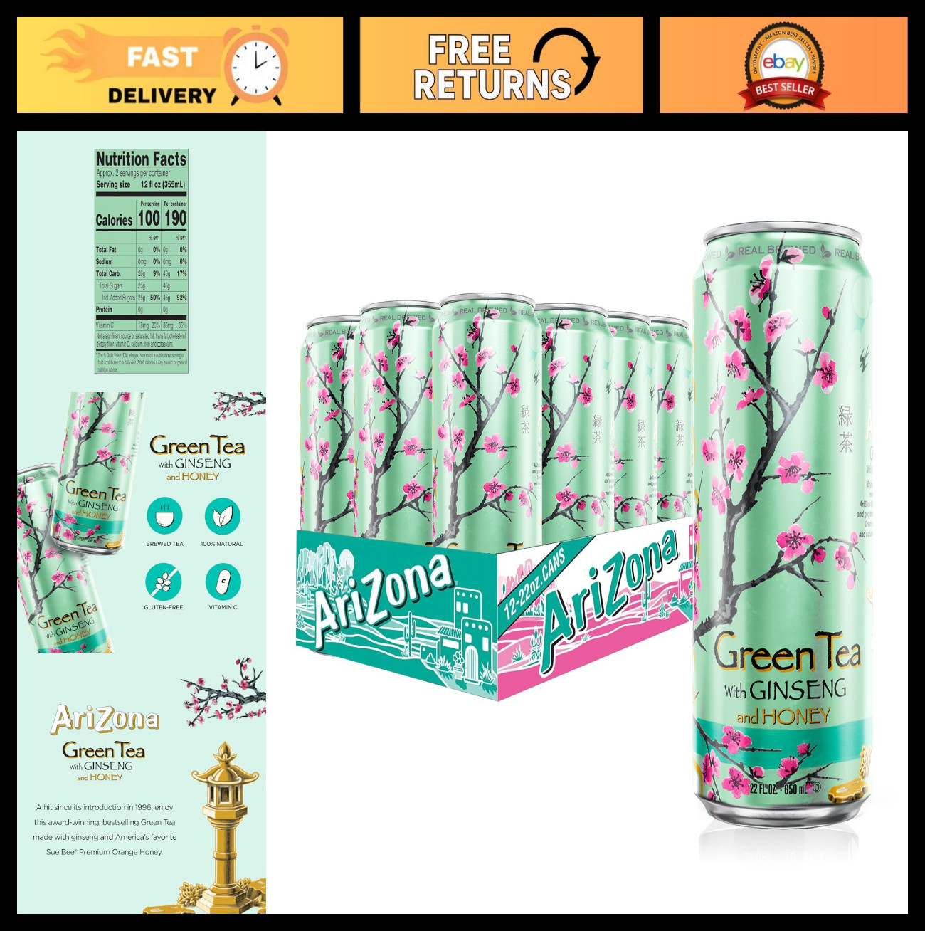 Refreshing Green Tea with Ginseng & Honey – 22 Fl Oz Big Can (Pack of 12)