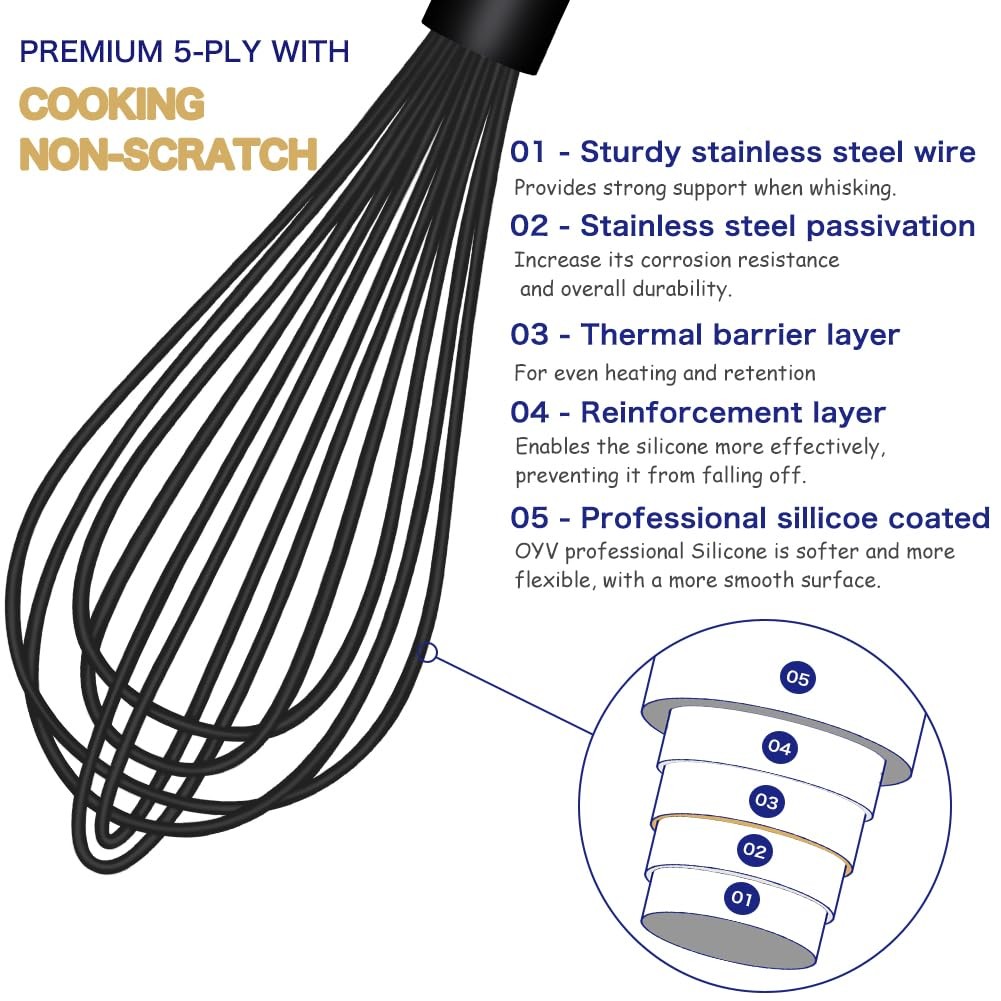 OYV Dishwasher Safe Silicone Whisk, Sealed 3×12in, Premium(Black Pack)