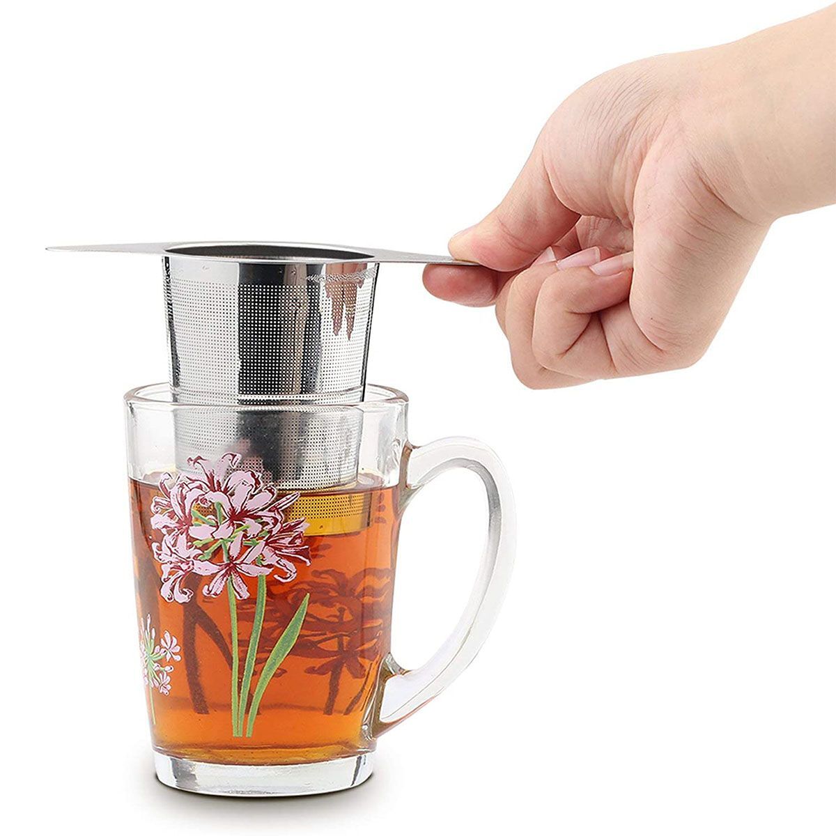 Tea Infuser Mesh Loose Leaf Herb Strainer Handle Stainless Steel Filter W/Lid