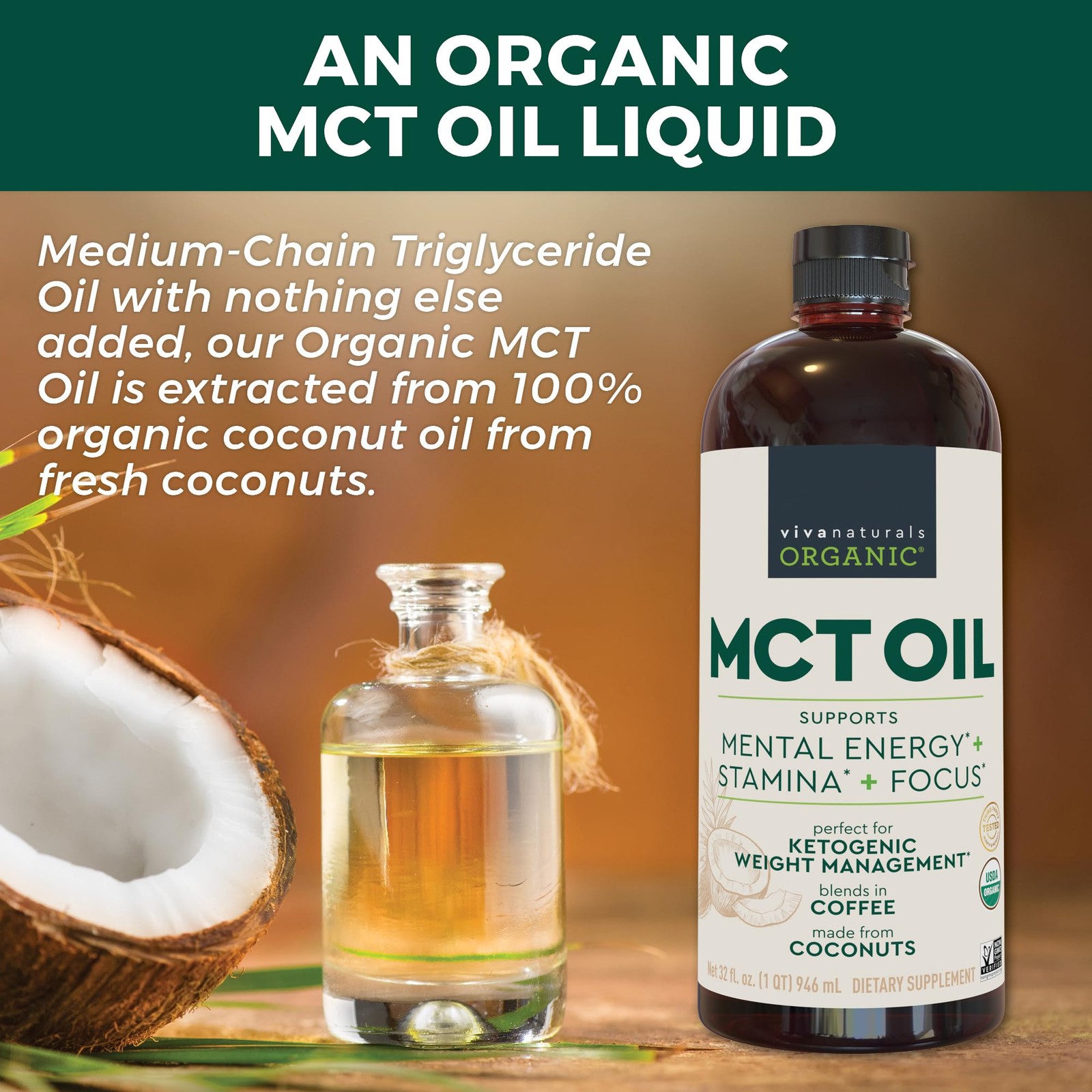 Viva Naturals Organic MCT Oil, 32 fl oz – 32 Fl Oz (Pack of 1), Coconut