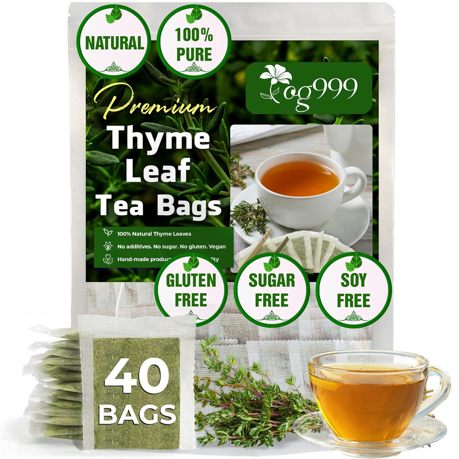 , Premium 40 Thyme Leaf Tea Bags, 100% Natural & Pure Thyme Leaves. Loose Leaf T
