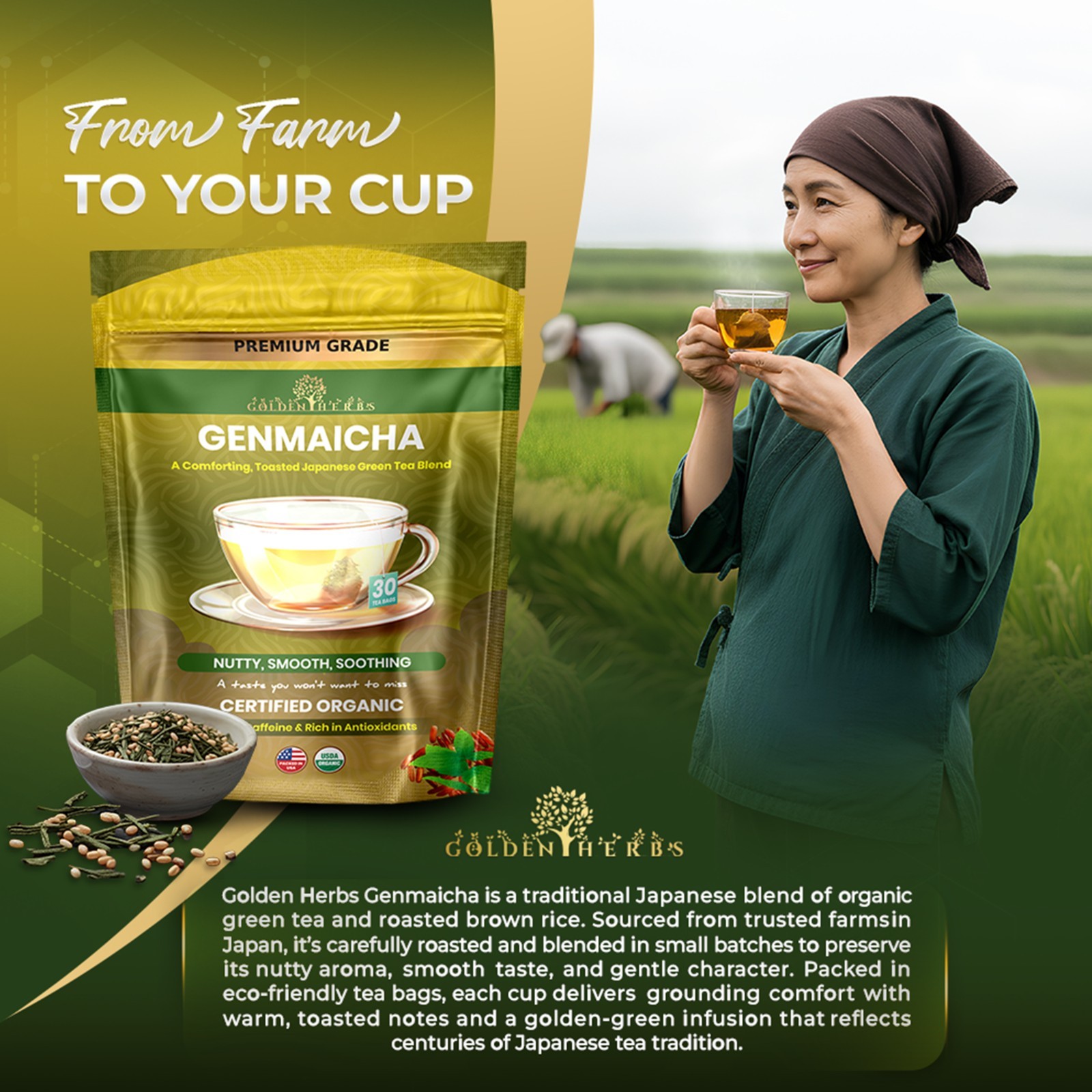 Golden Herbs Japanese Genmaicha Green Tea – Premium Roasted Brown Rice Blend