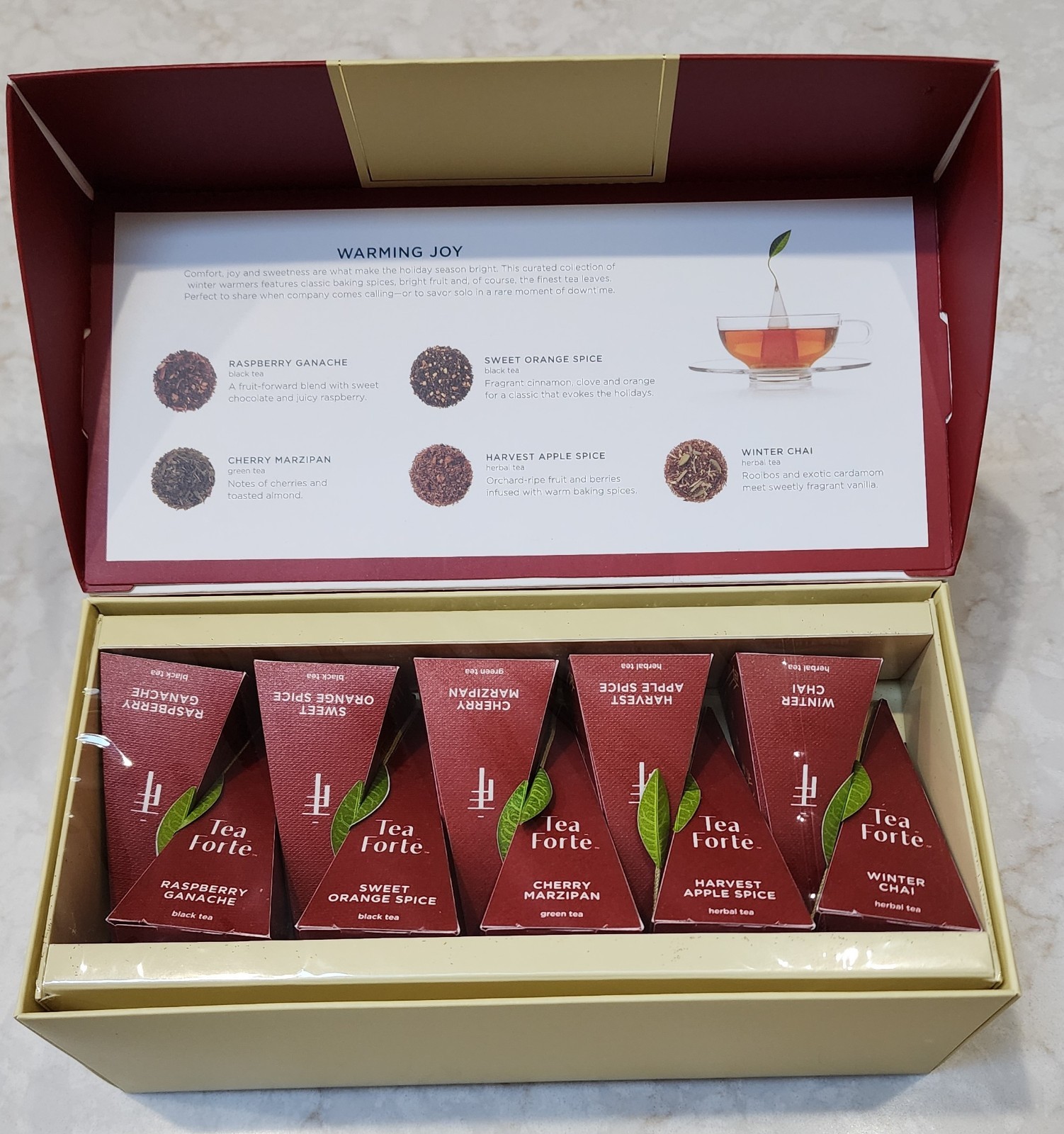 Tea Forte Gift Set 1 Cafe Cup 2 Tea Trays , Infuser, 60 Filter Bags, Warming Joy