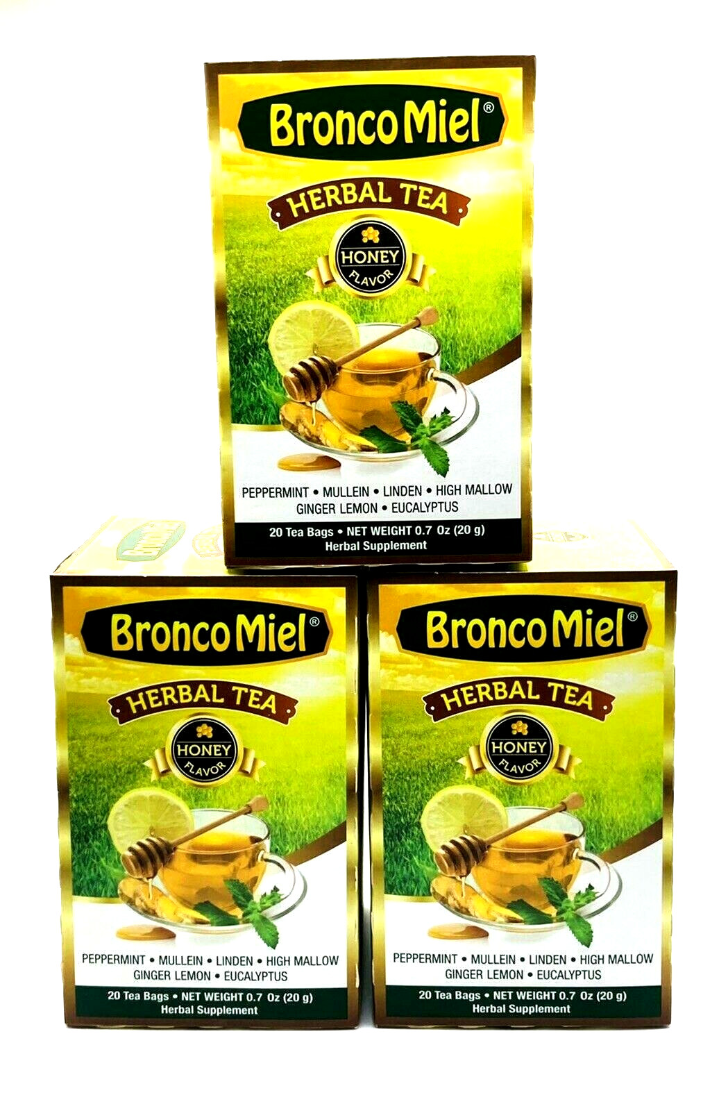 Bronco Miel Honey Herbal Tea 3 Box Bundle 20 Bags Each Eucalyptus Ginger