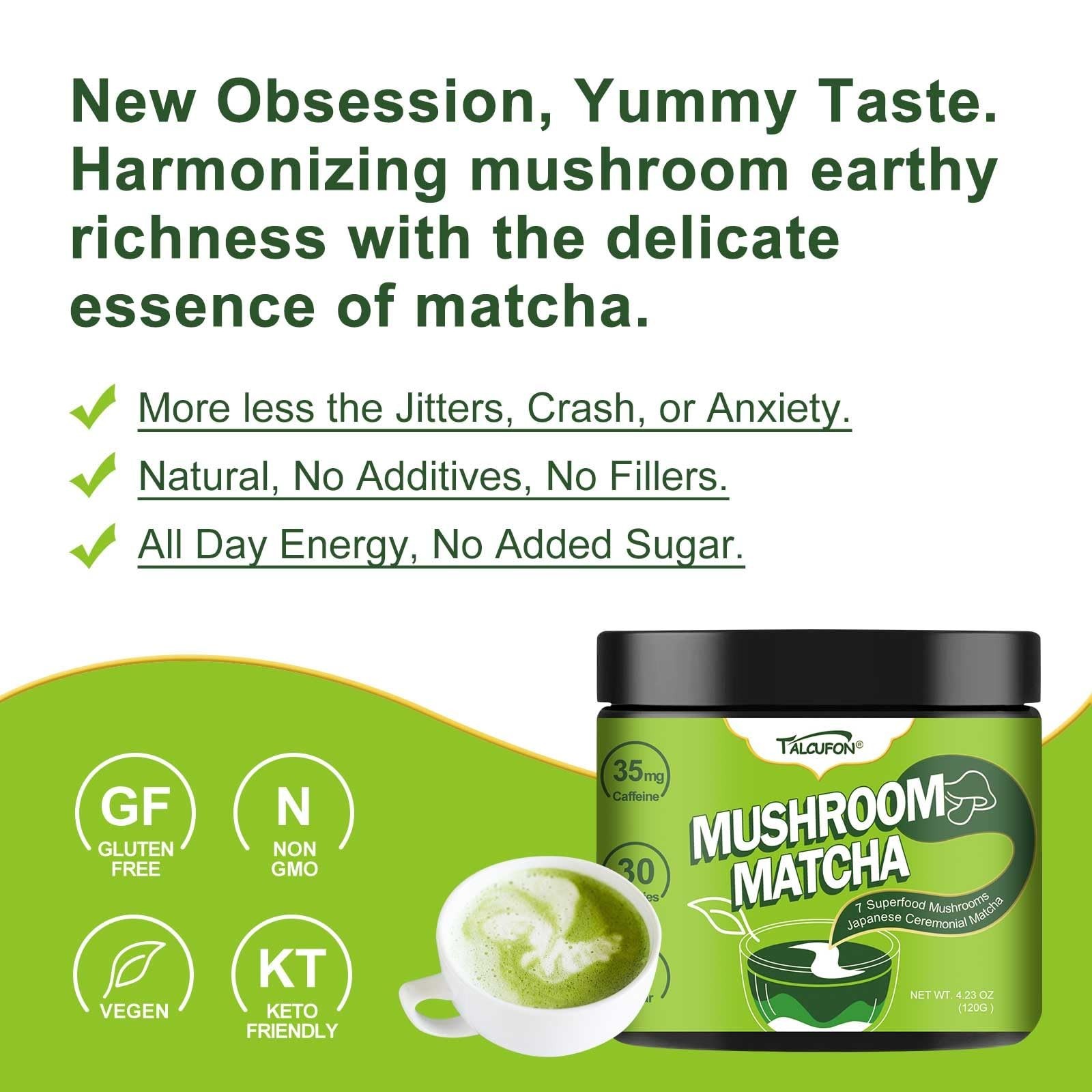 2 TALCUFON 7 Mushroom Japanese Matcha Hot or Cold Latte 4.23 Oz, 7 Superfood GF