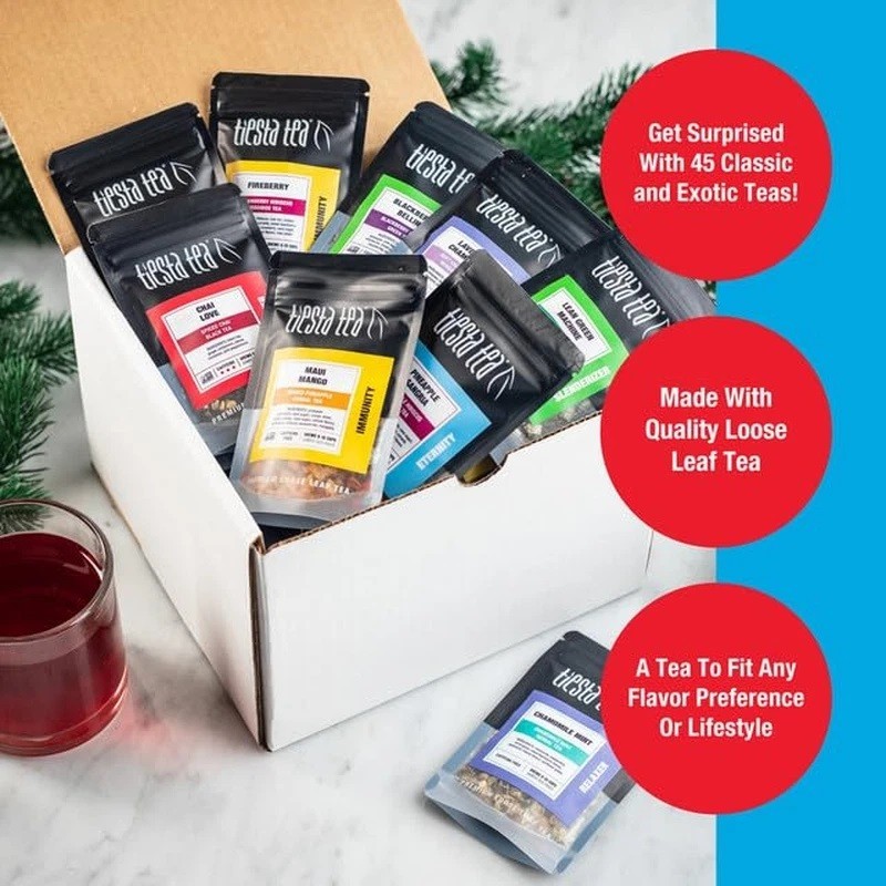 Tiesta Tea Tastings 45 Pouch/500 Cup Dry Loose Leaf Sampler Set & Infuser Bundle