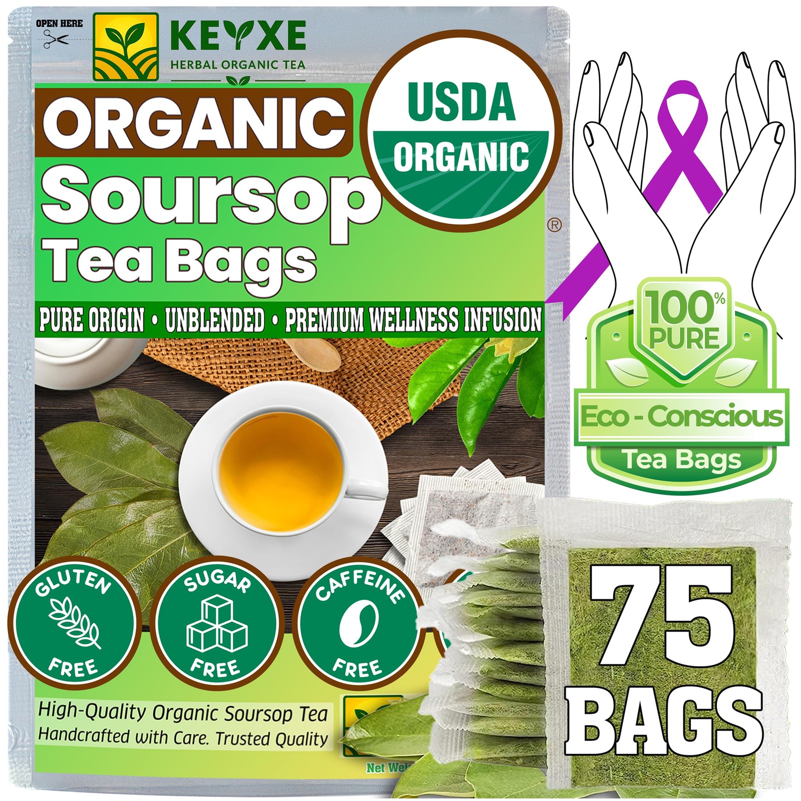 KEYXE – USDA Organic Soursop Graviola Leaves Tea 75 Bags. Non-GMO 75 Bags