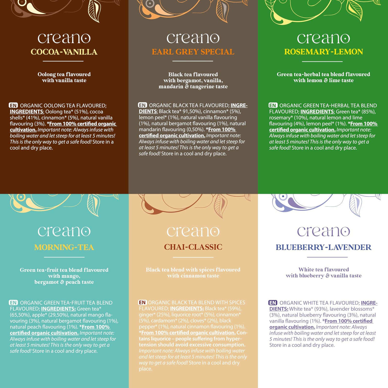 Creano Organic Tea Gift Set – 24 Organic Tea Bags in 6 Dreamy Varieties – 48 g*