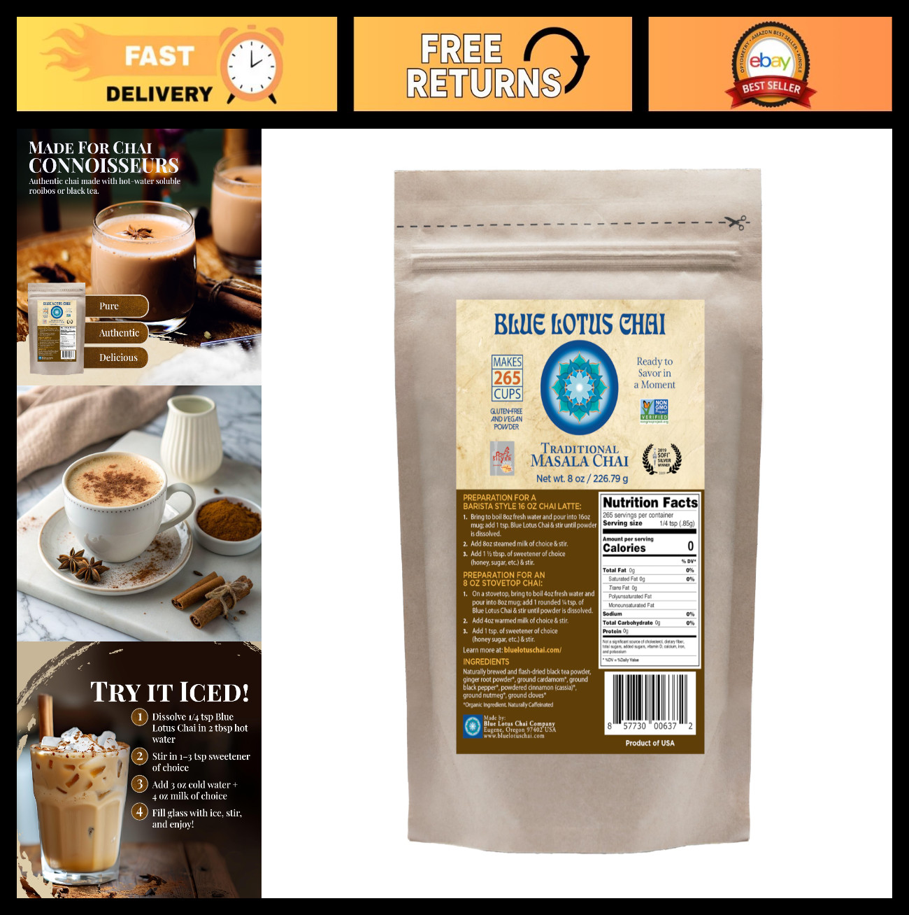 Traditional Masala Chai Powder – 265 Cups, Just Add Hot Water, Gluten-Free, 8oz