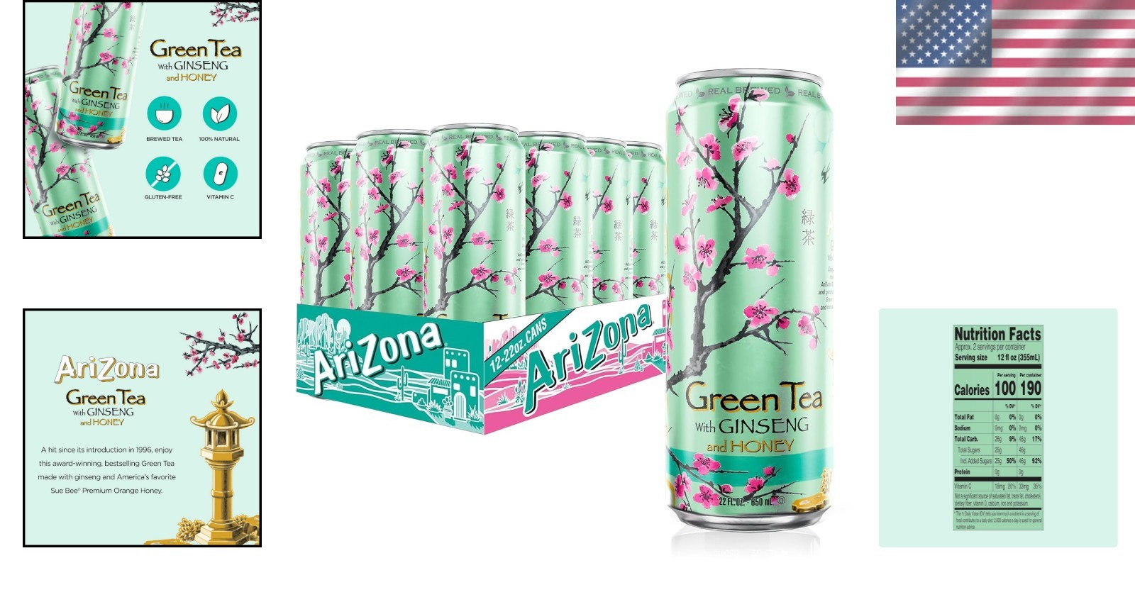 Energizing Green Tea with Ginseng & Honey – 22 Fl Oz Cans, Bulk Pack of 12