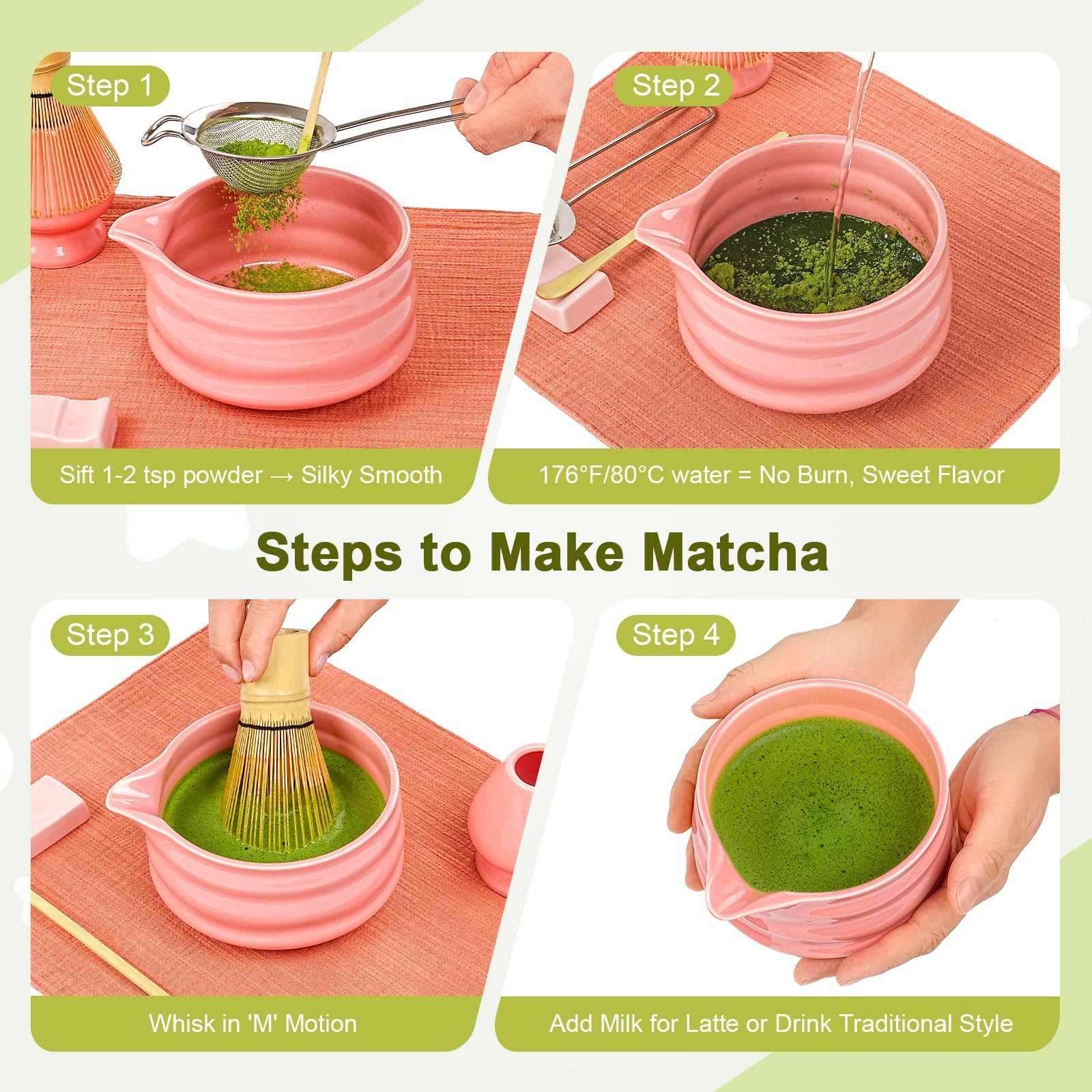 Matcha Set 7Pcs with 18oz Pink Glaze Bowl, Bamboo Whisk & Sifter – Elegant Tea