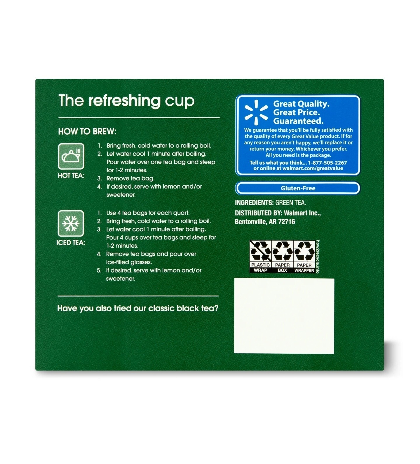 Green Tea Bags, Great Value, 2.5 oz, 40 Count, New