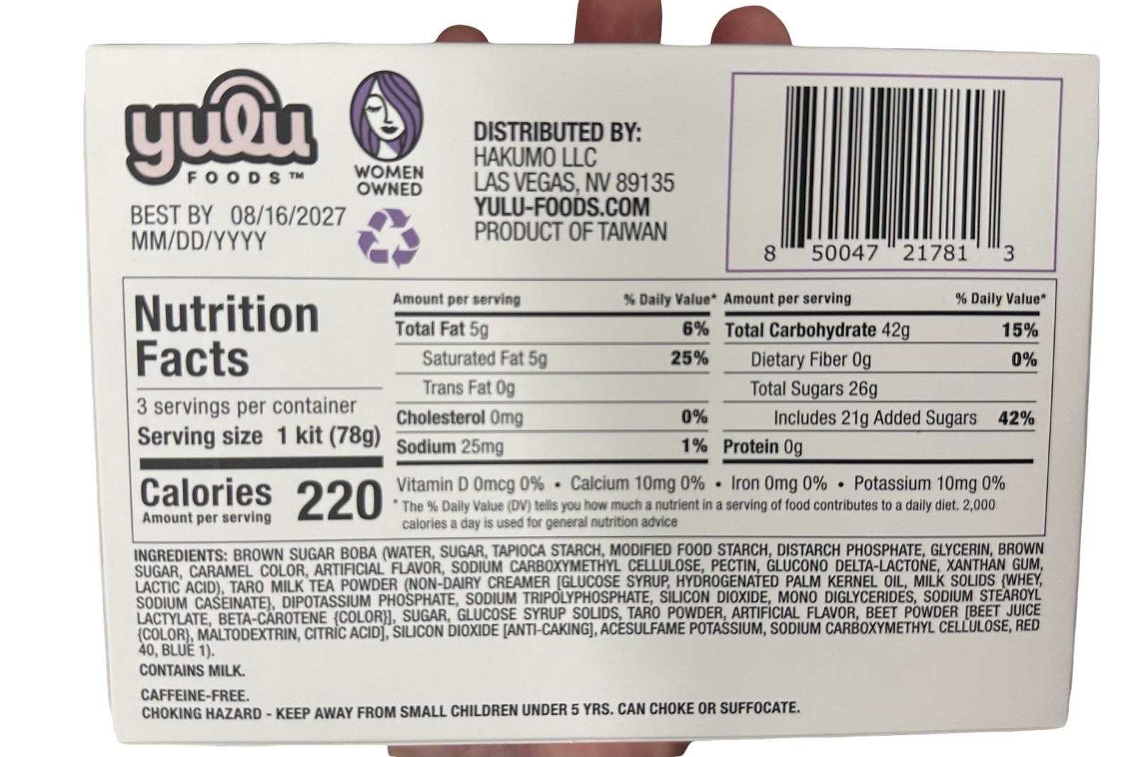 Yulu Foods Taro Milk Tea Instant Boba 3 Kits, Caffeine-Free, 234g 8.35oz 1 Box