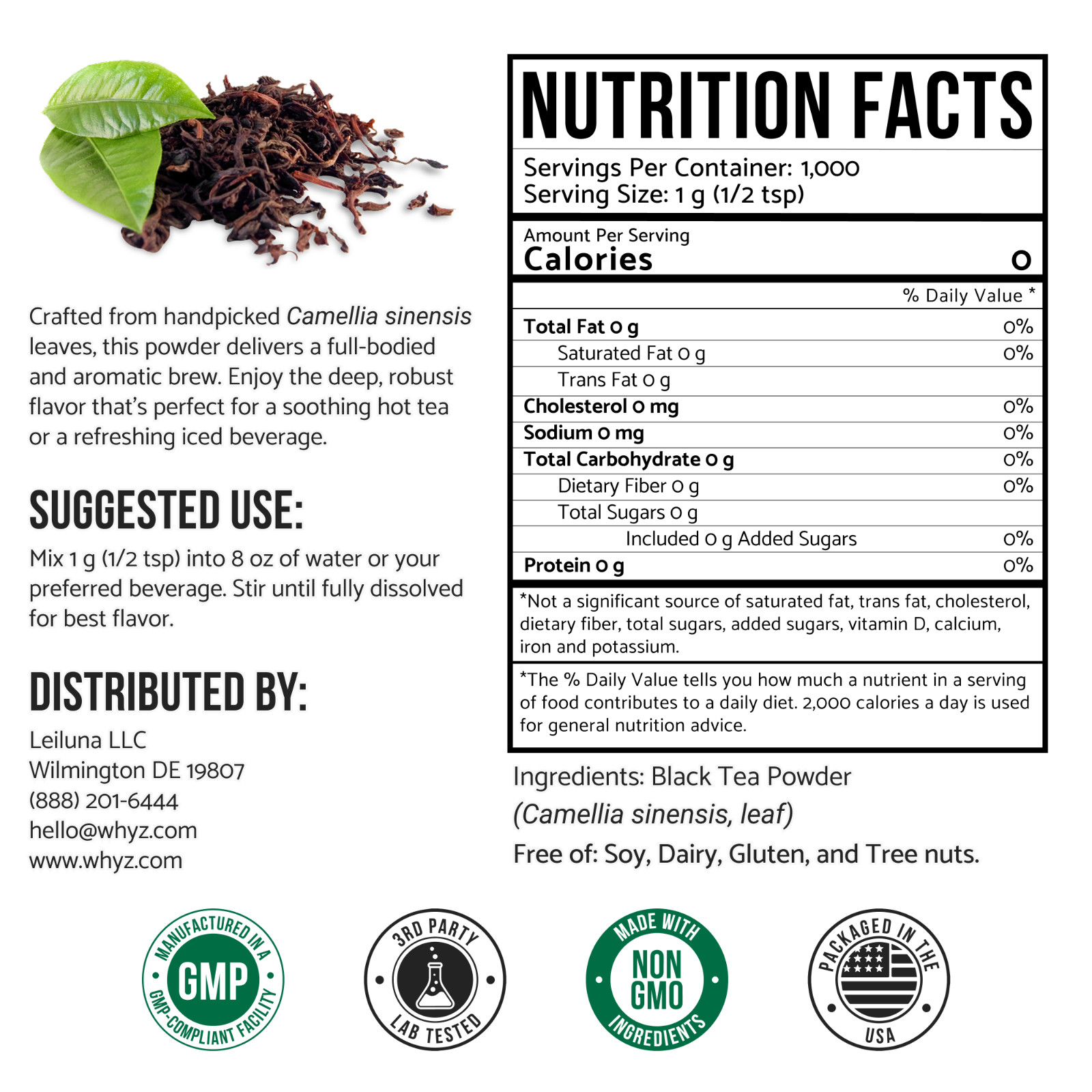 Whyz Bulk Instant Black Tea Powder, No Fillers, Wholesale Black Tea, USA Stock