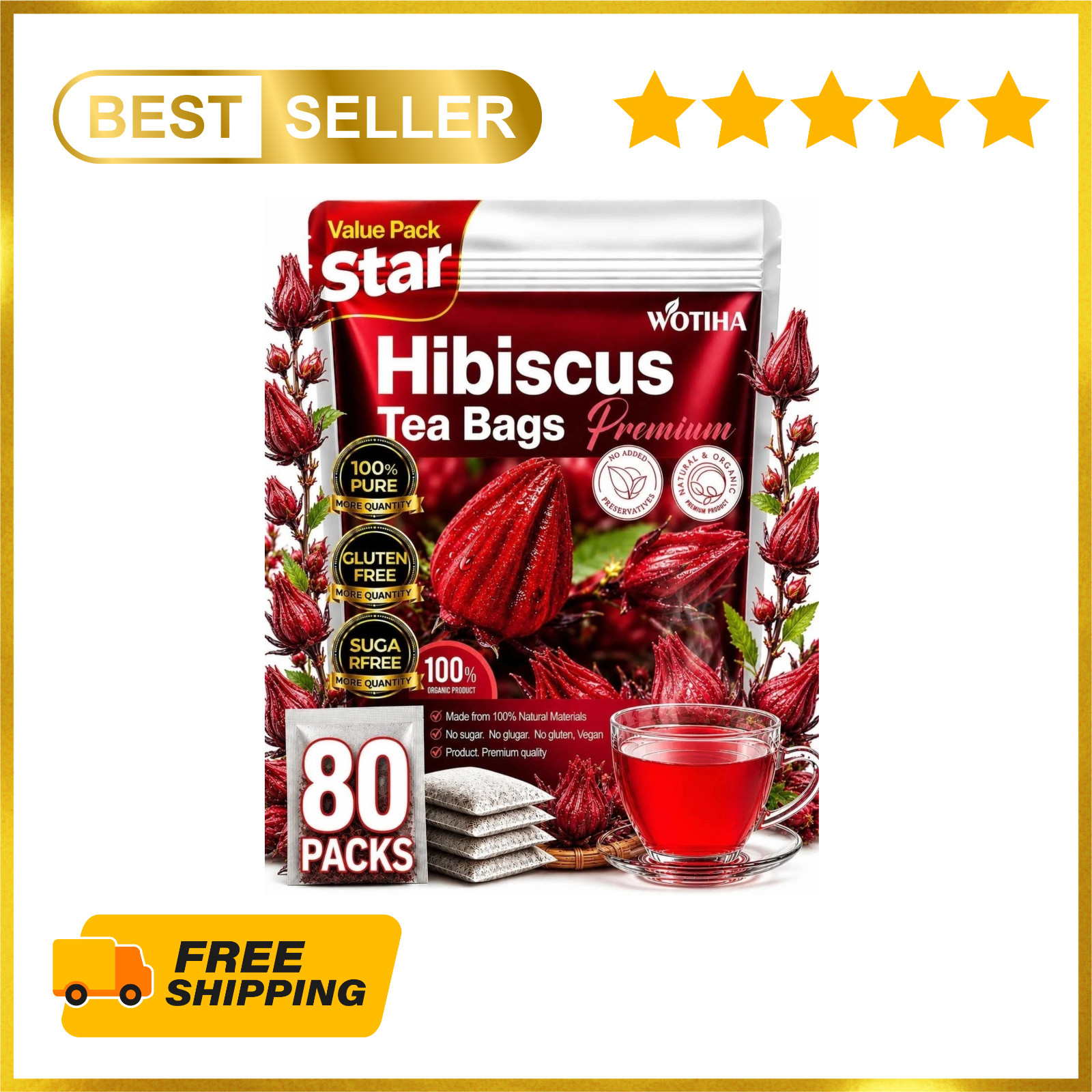Premium 80 Hibiscus Flowers Tea Bags, 100% Natural, Handmade & Pure from Hibi