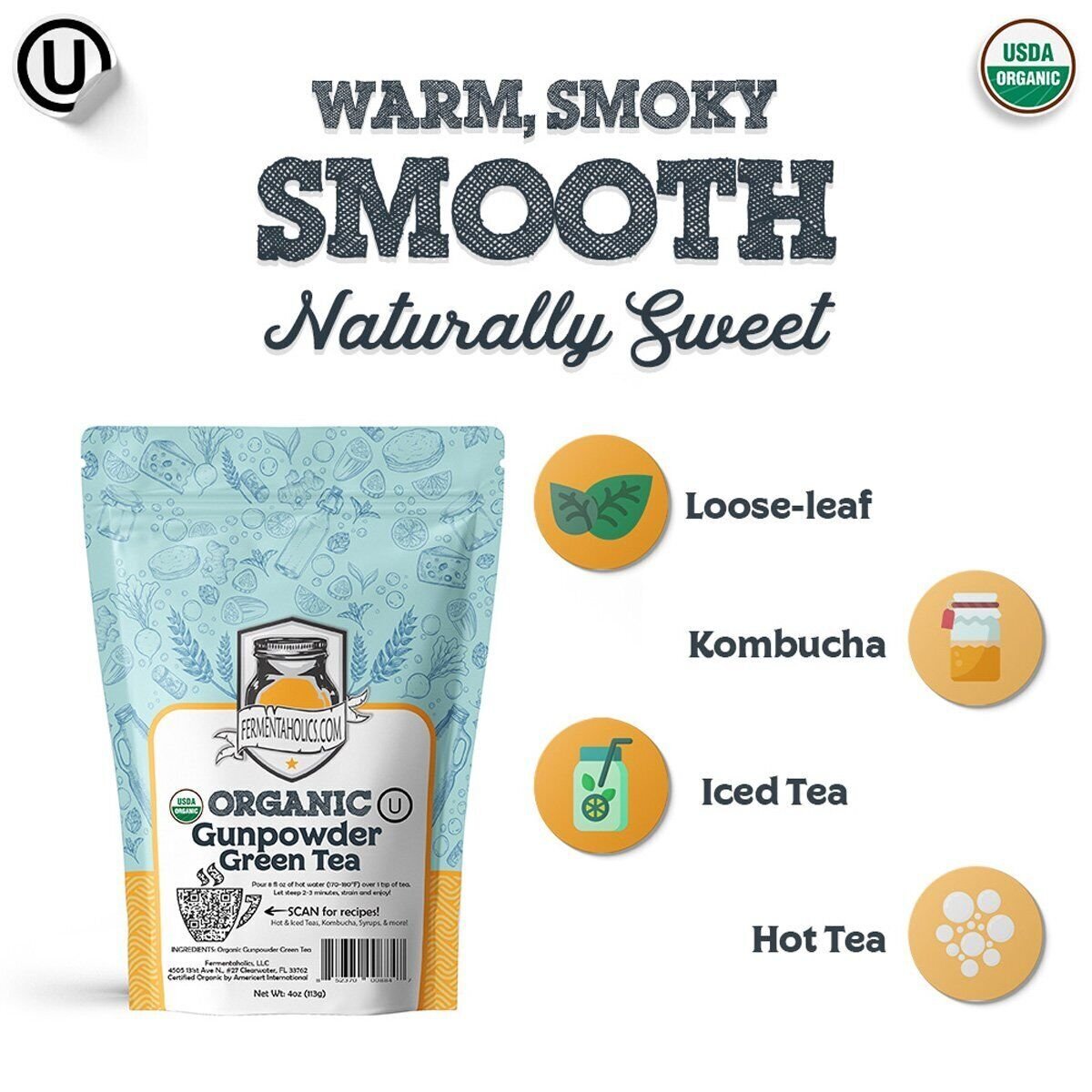 Fermentaholics USDA Certified Organic Loose Leaf Gunpowder Green Tea – 4 oz