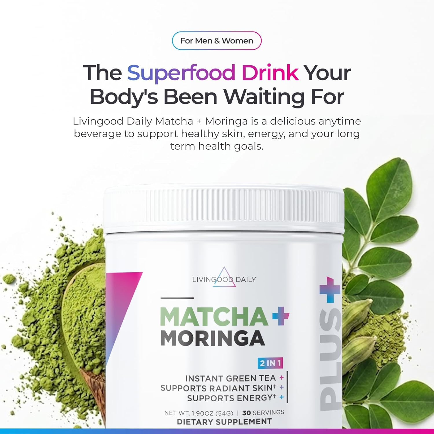 Matcha & Moringa Powder Supplement 30 Servings Vegan Non GMO