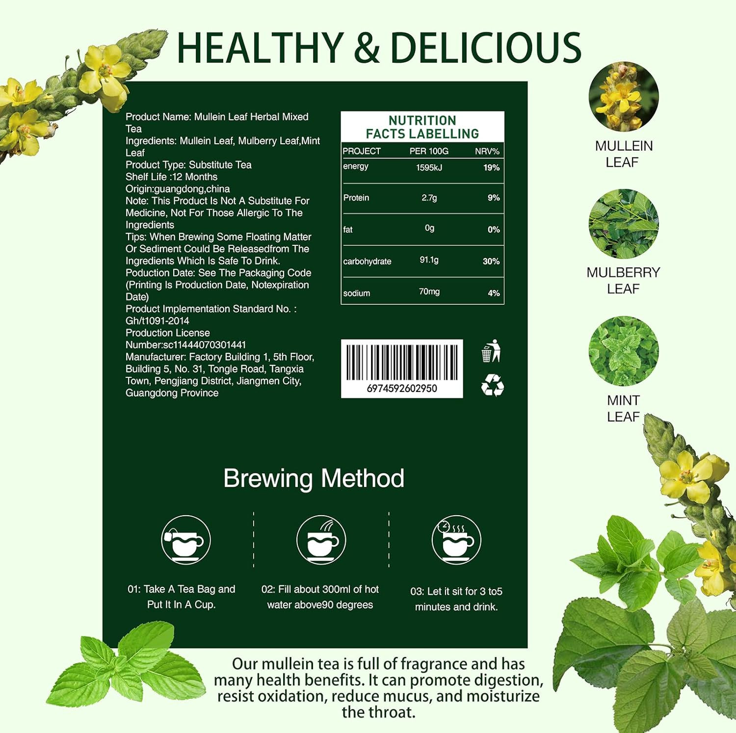 Mullein Tea Bags for Lungs – 20 Teabags (2.47Oz/70G), 100% Pure Natural Premium