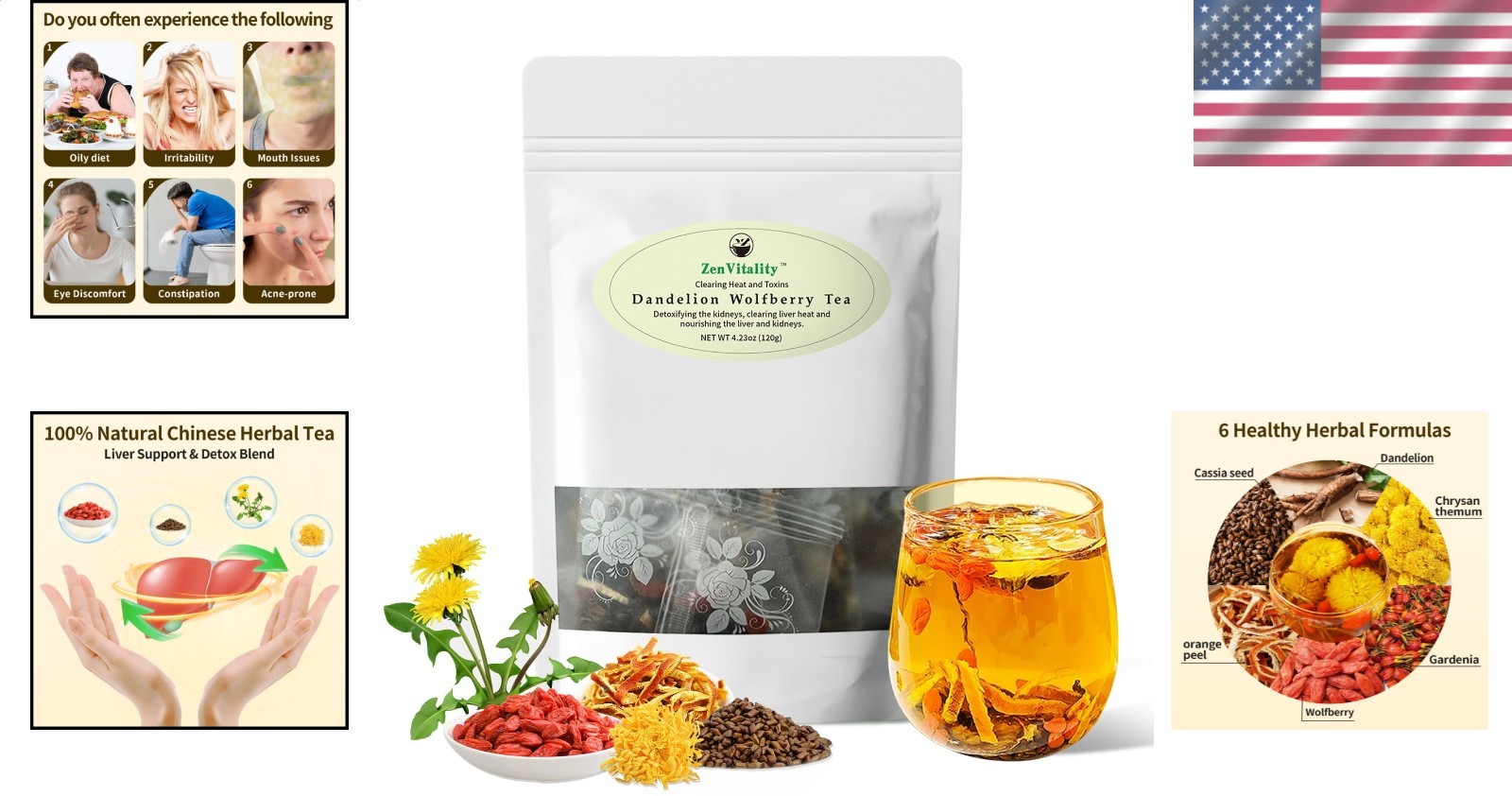 Organic Dandelion Goji Berry Tea Bags Kidney Liver Detox Eye Health Support 120g