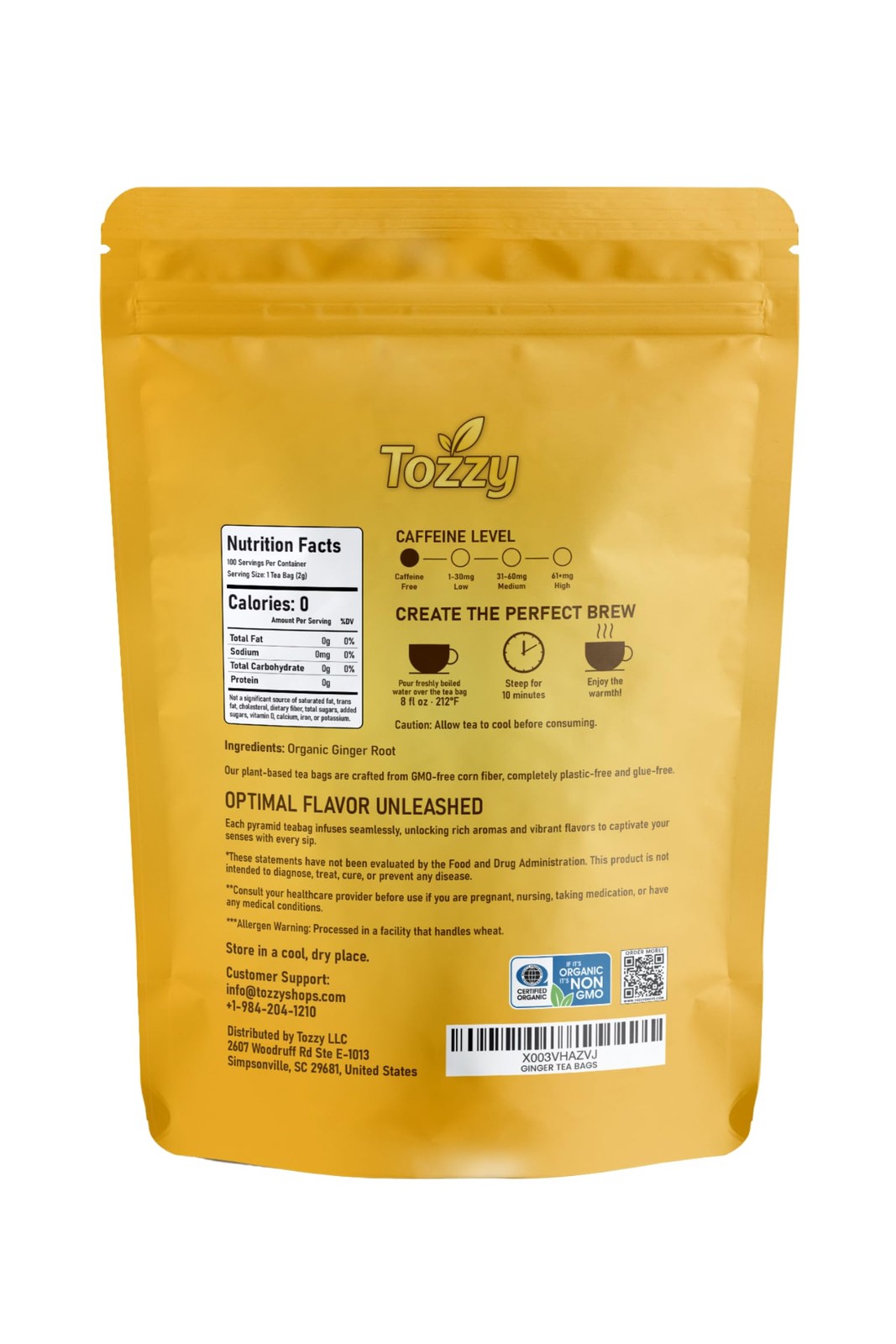 Tozzy Organic Ginger Tea – 100 Count, PlantBased Pyramid Tea Bags – Packaging…