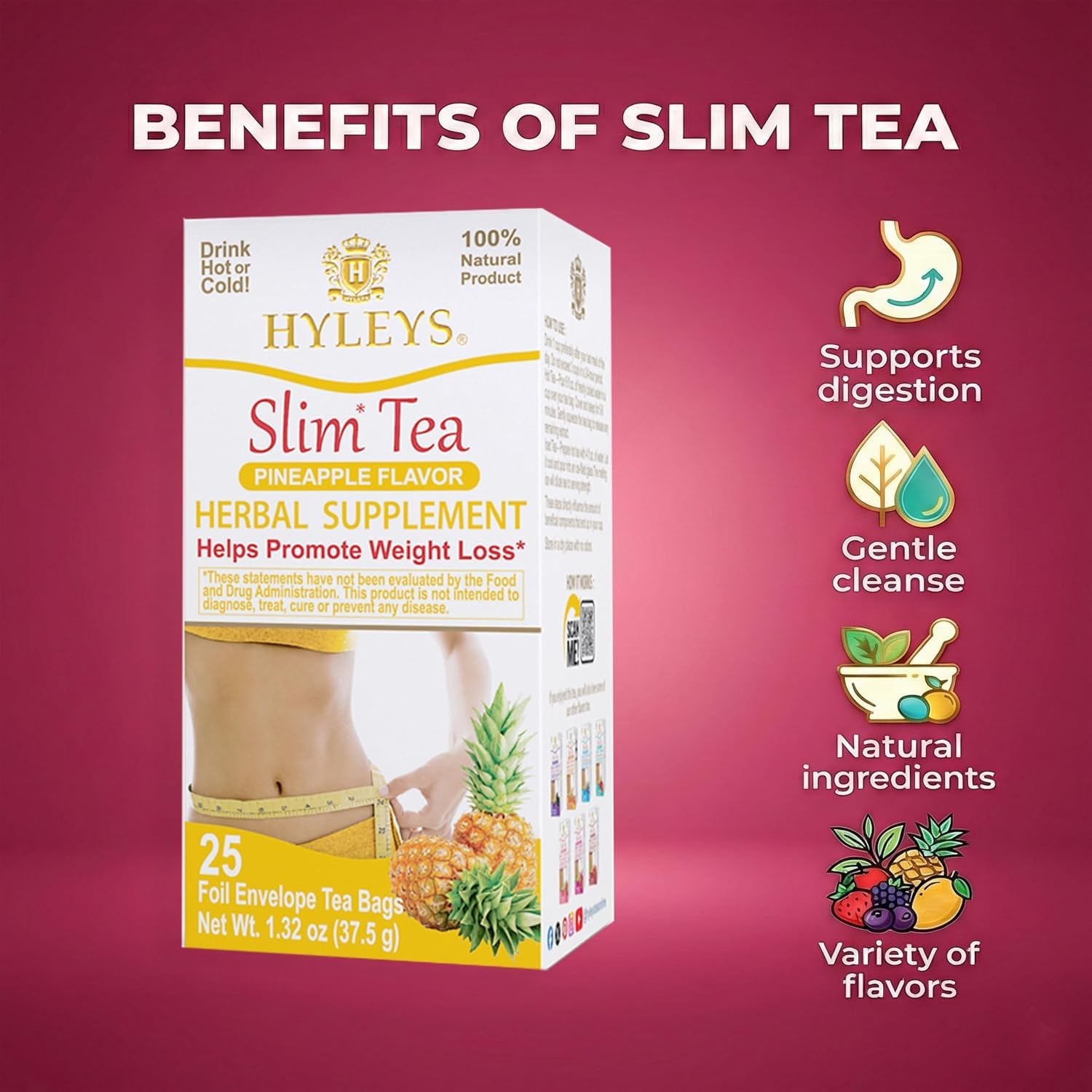 Slim Tea, Pineapple, Herbal Supplement for Weight Loss, 25 Tea Bags