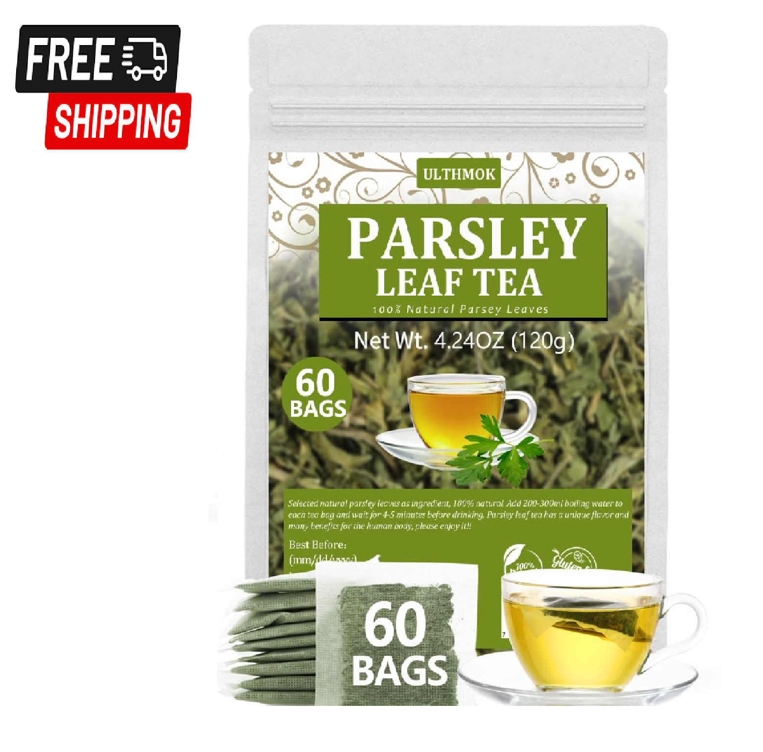 Premium 60 Parsley Tea Bags, Made with 100% Natural Parsley Leaves, Caffeine Fre