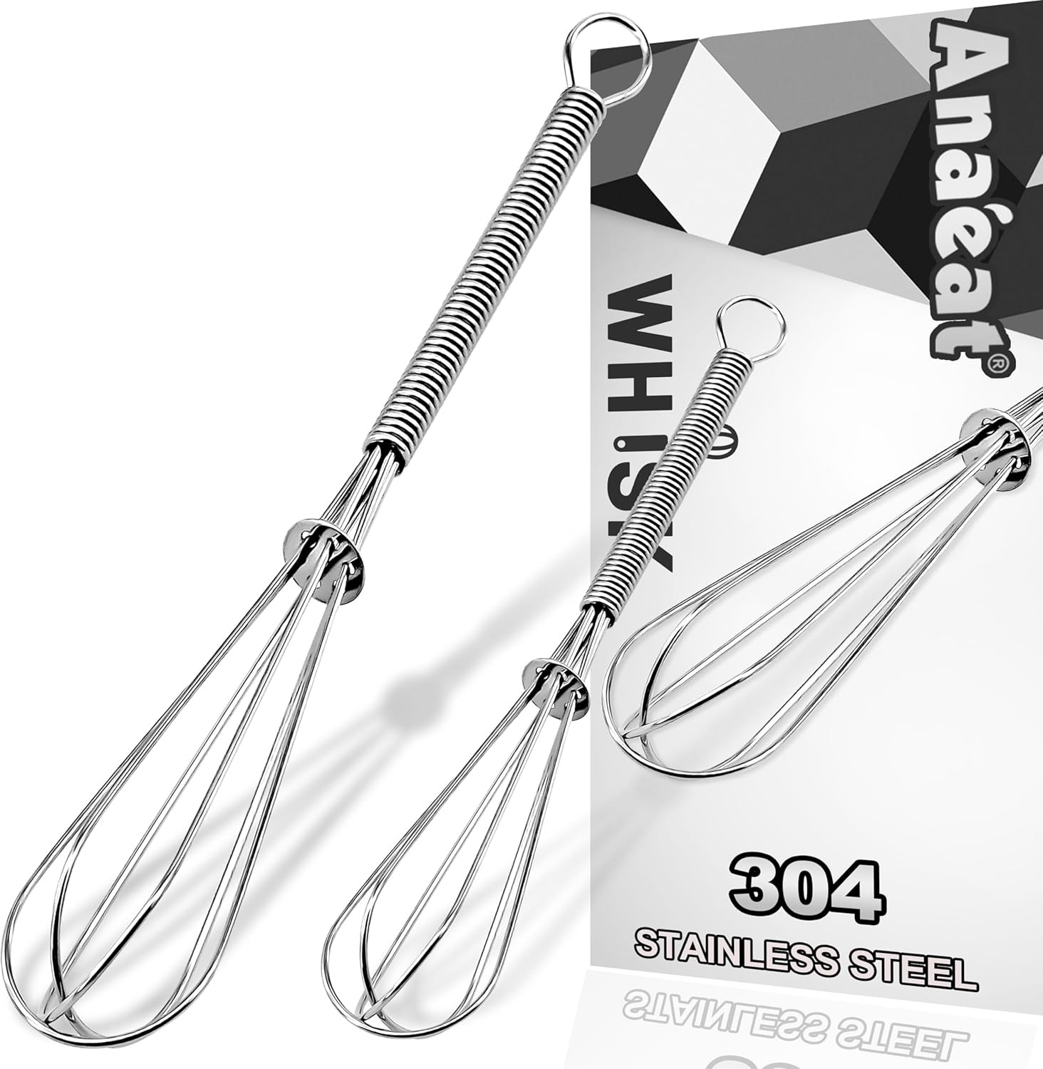 Anaeat Mini Wire Whisks, Set of 2 Portable Stainless 5+7 inches, Silver 2Pcs