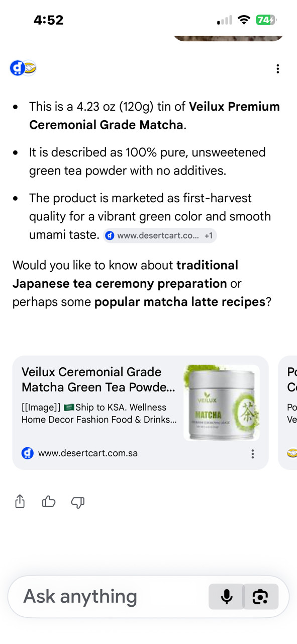 Veilux Premium Ceremonial Grade Matcha 100% Pure Unsweetened Green Tea Powder