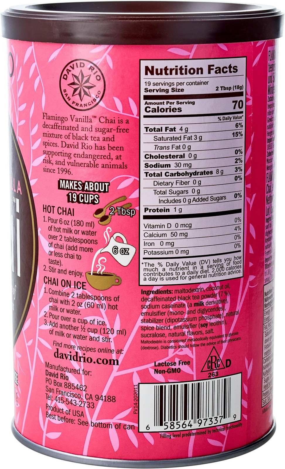 Flamingo Vanilla Decaffeinated Reduced Calorie Chai 11.9 Ounce (Pack of 1)
