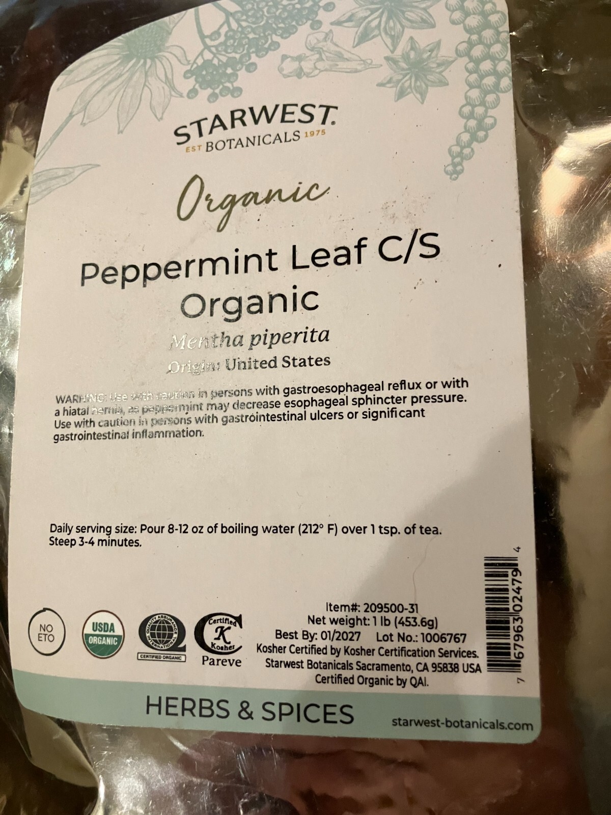 Starwest Botanicals Peppermint Leaf, Cut and Sift 1 lb Best by 1/2027AD
