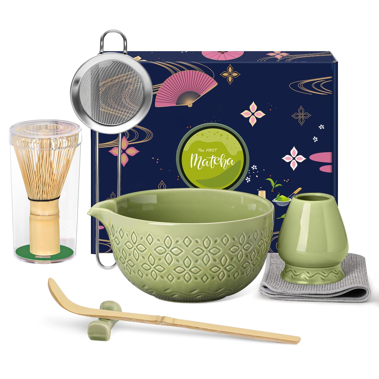 Matcha Whisk Set 7 Pc Bowl w Spout Bamboo Whisk Holder Scoop Sifter Green