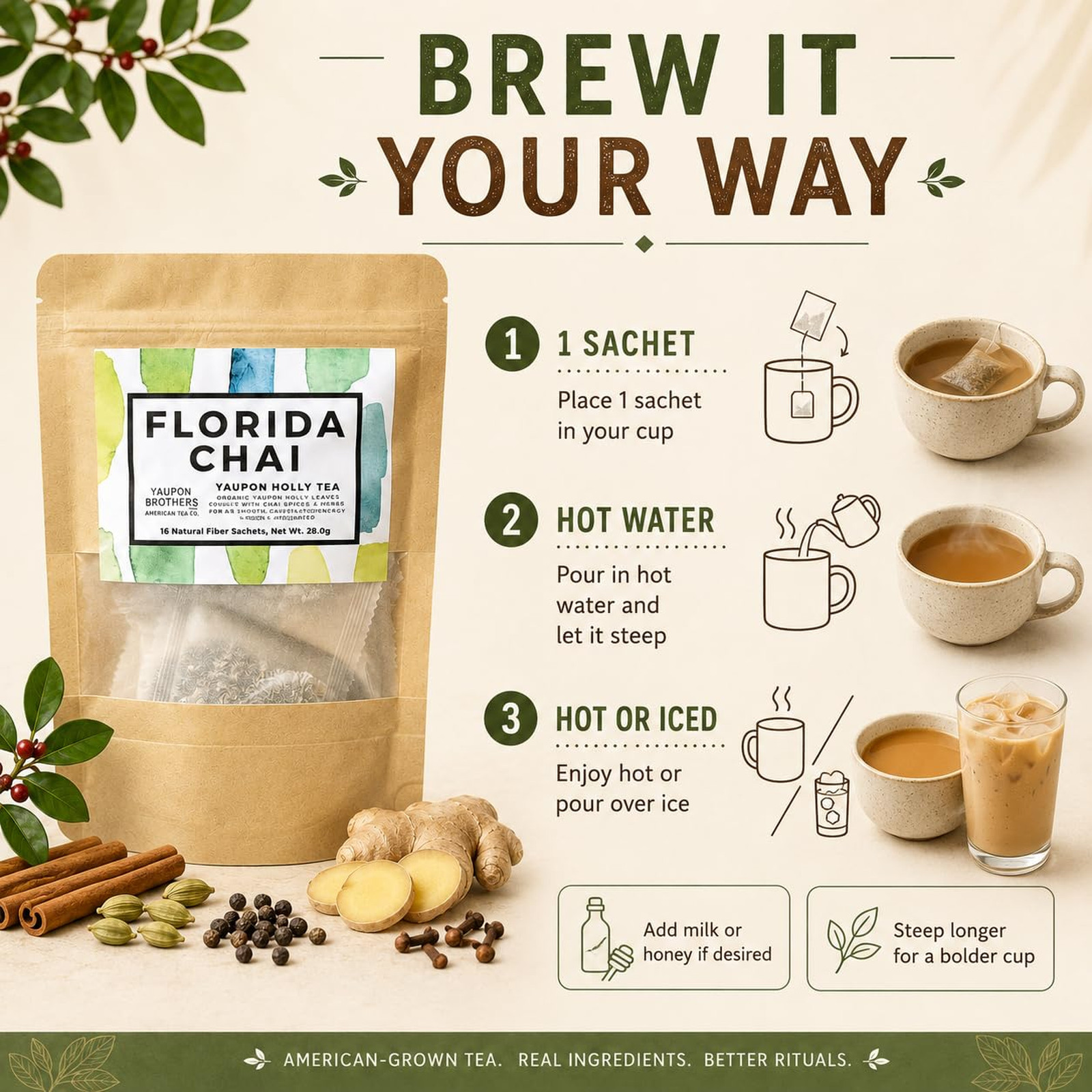 Yaupon Tea Bags, Organic Chai Tea, Eco-Friendly 16 Pack, Antioxidant Rich