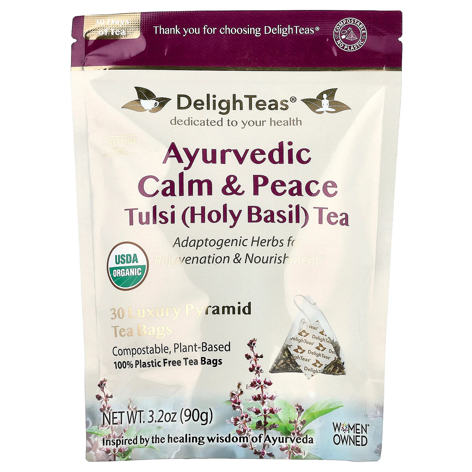 Ayurvedic Calm & Peace Tulsi (Holy Basil) Tea, Caffeine Free, 30 Luxury Pyramid