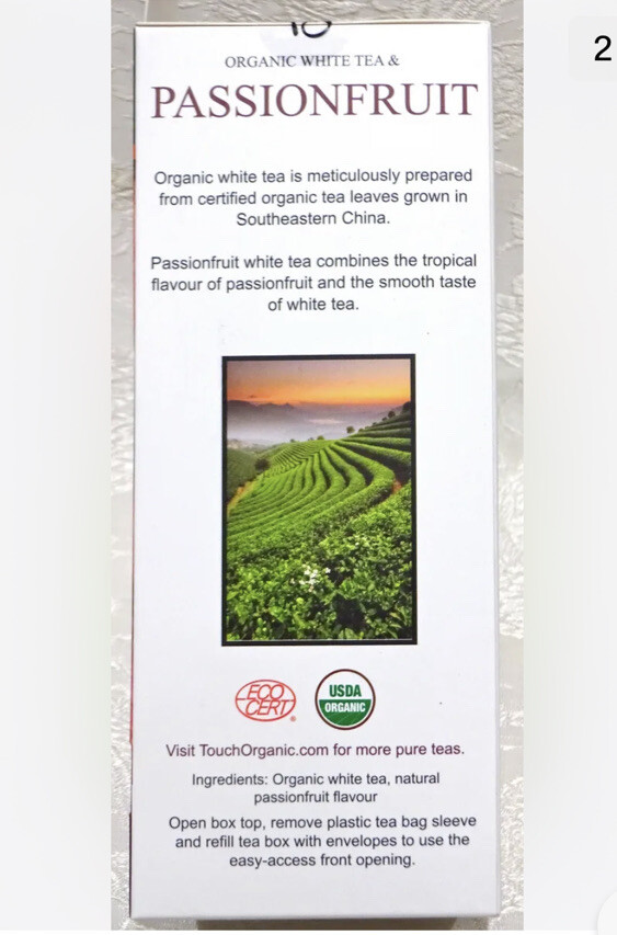 2 Touch Organic PASSIONFRUIT WHITE Tea Bags, 40 Bags, 2.5 oz Exp 10/2025
