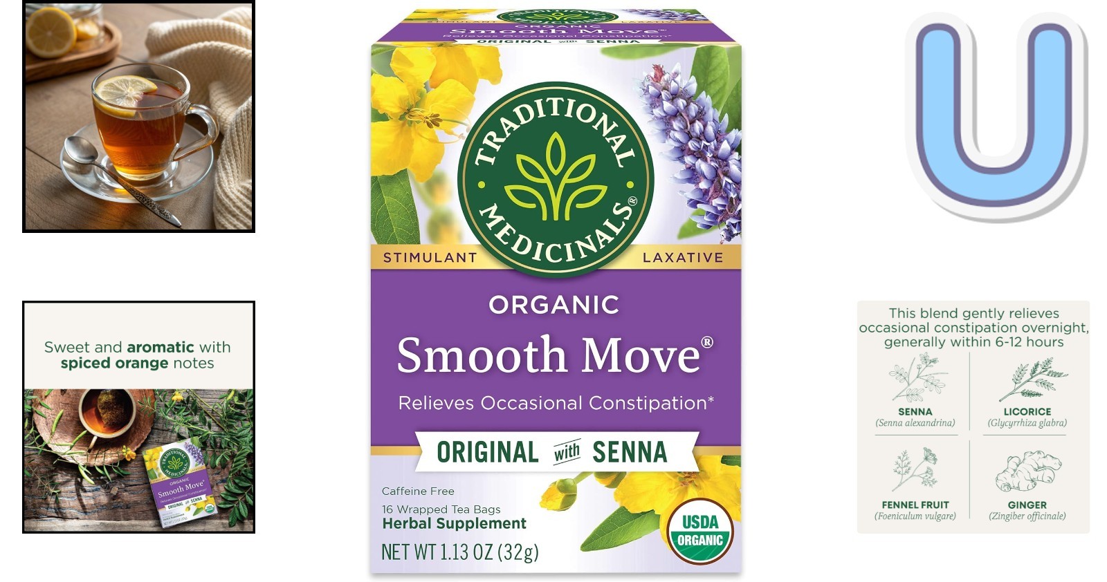 Organic Smooth Move Laxative Tea – Chamomile Flavor, 16 Bags for Gentle Relief