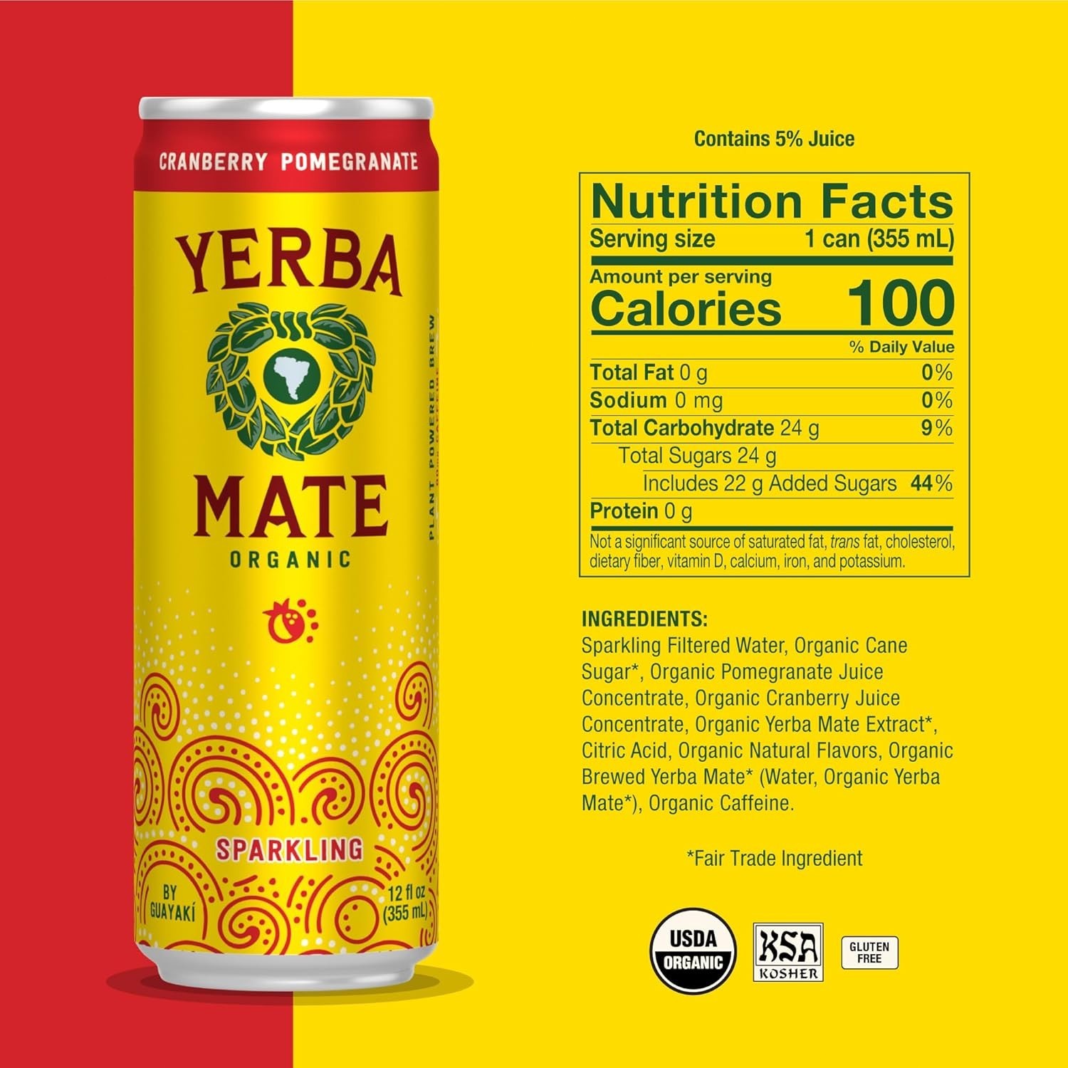 Organic Sparkling Yerba Mate Cranberry Pomegranate 80mg Caffeine 12oz 12 Pack