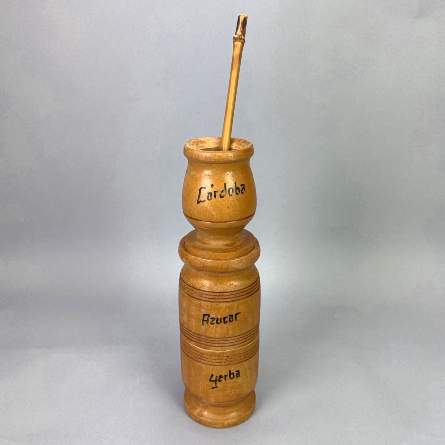 Handmade Wooden Argentinian Yerba Mate Gourd Cup Sugar & Bombilla Straw Set
