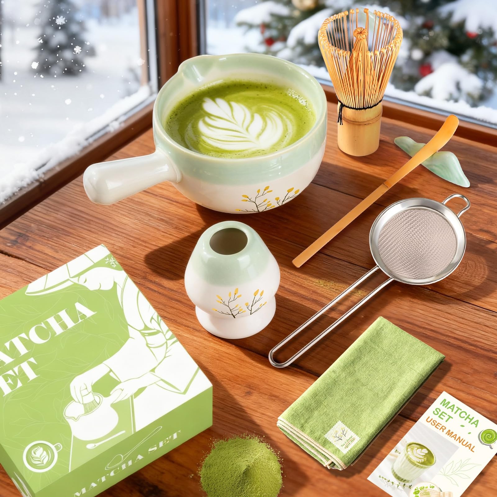 Matcha Whisk Set Handled Bowl Tea Kit Sifter Cup Gift Kitchen Decor