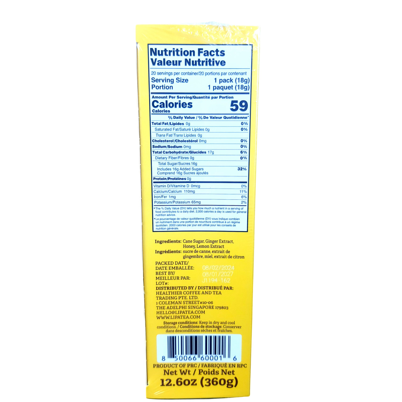 Instant Honey Ginger Drink With Lemon By Lipatea 20x Sachets (18g x 20) Net Wt