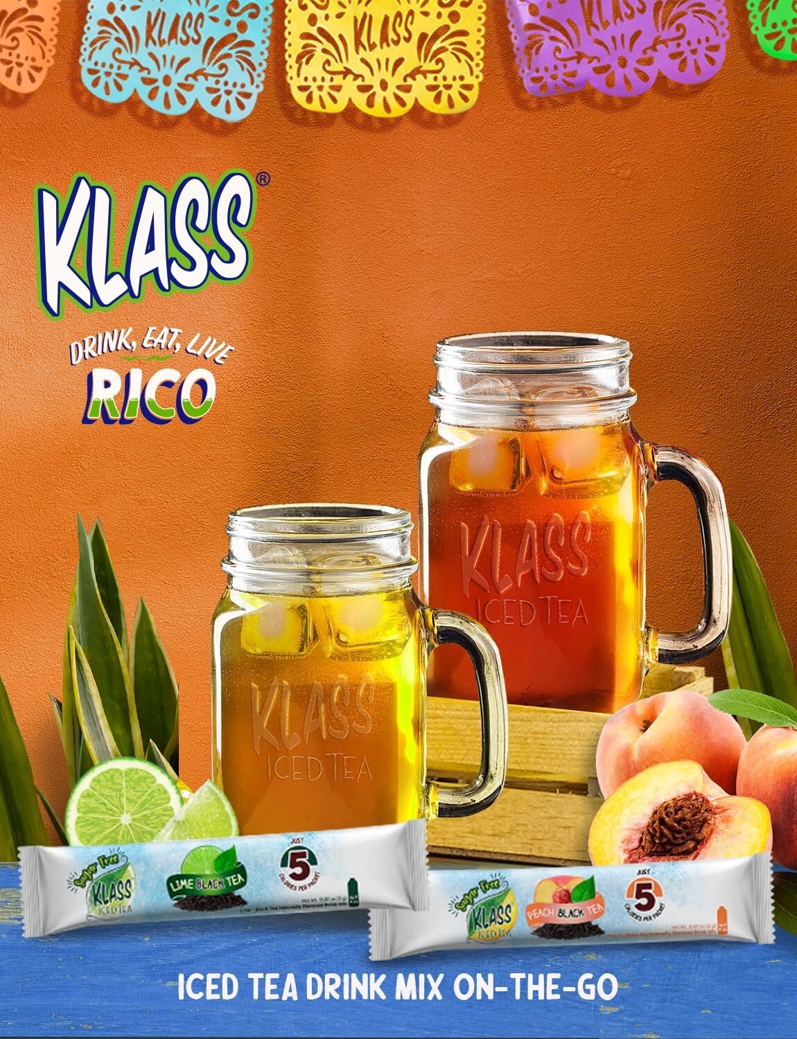 Klass Iced Tea Drink Mix – Sugar Free Variety Pack – Peach & Lime Black Tea On-