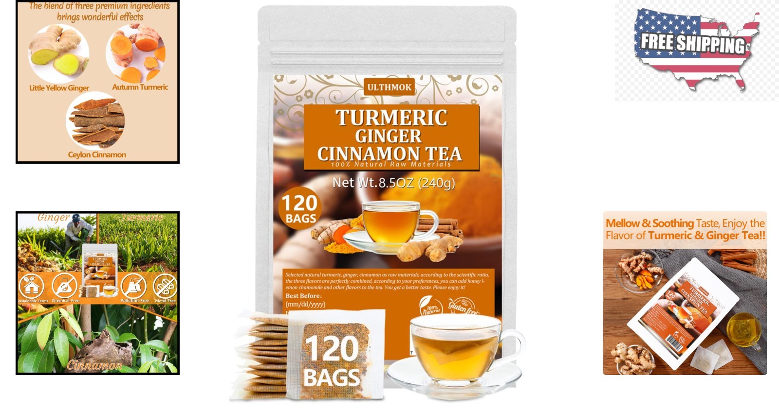 120 Natural Turmeric Ginger Tea Bags – Caffeine Free & No Additives – 100% Pure