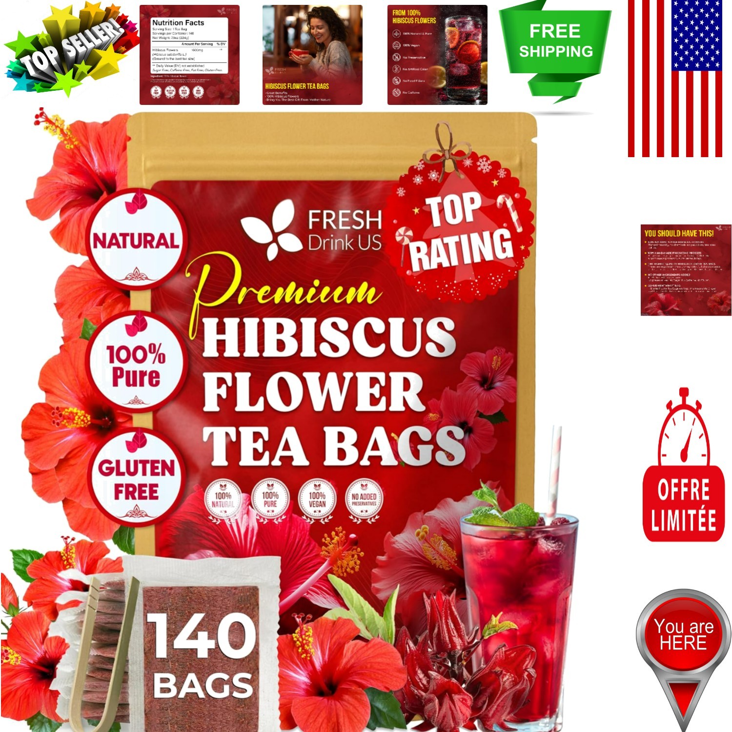 140 Count Hibiscus Tea Bags – Organic, Sugar-Free, Perfect for Hot or Iced