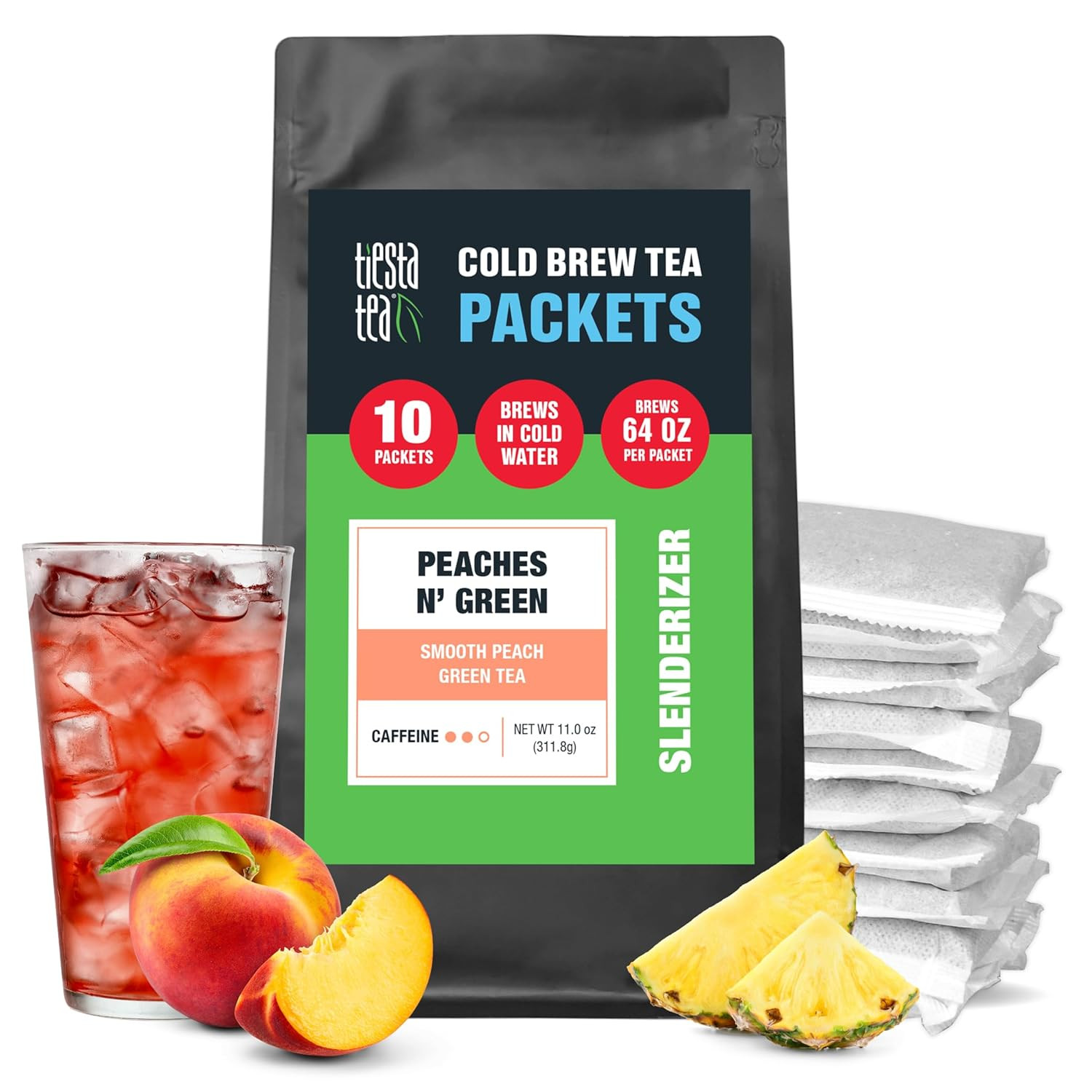 Peach Green Tea Cold Brew Packets 10 Pack Makes 64 oz Pitcher Caffeinated Iced