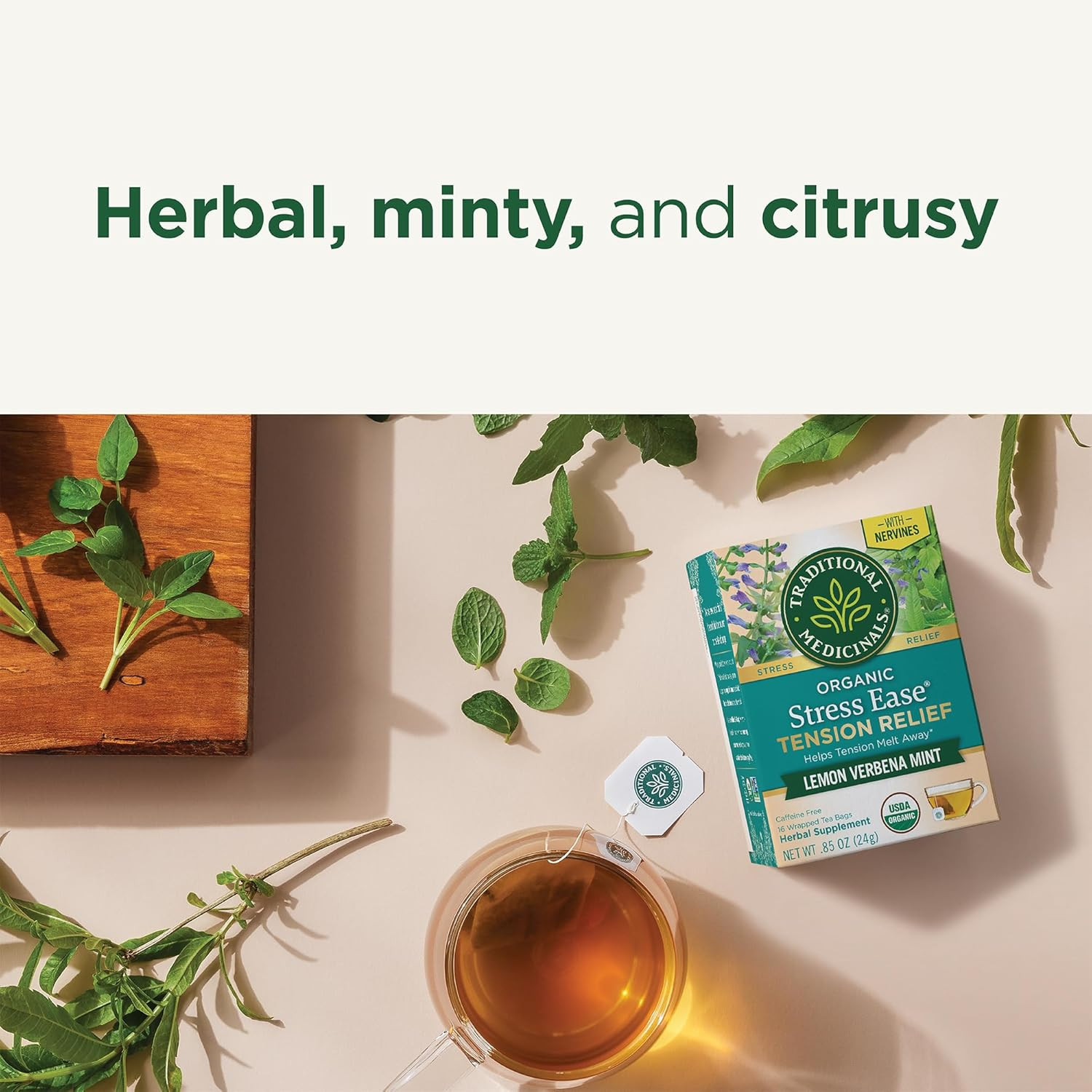 Organic, Stress Ease Tension Relief, Lemon Verbena Mint Tea – Supports Stress Re
