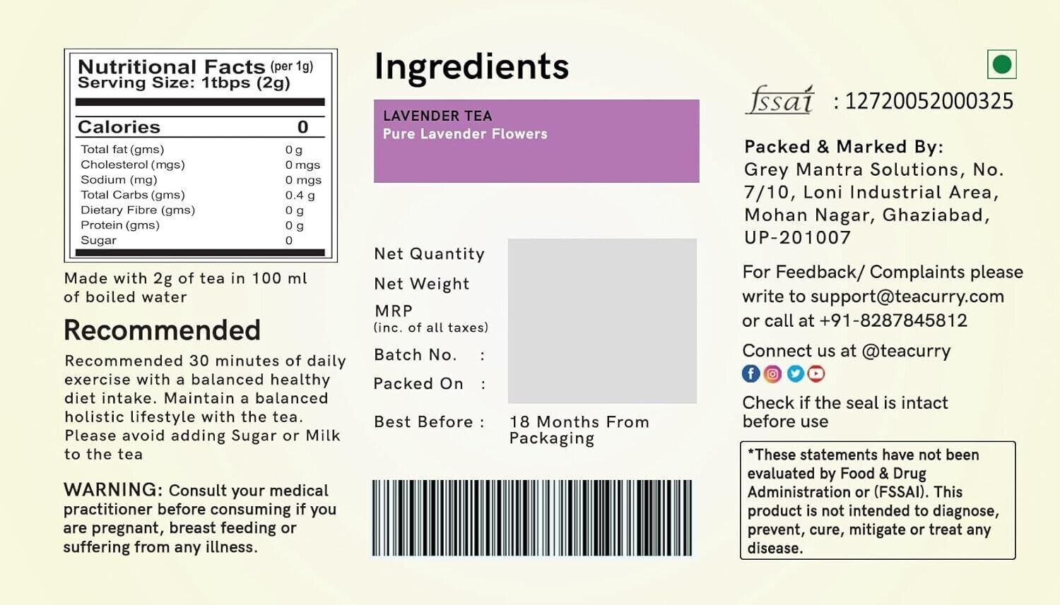 TEACURRY Plant Based Lavander Tea (30 Tea Bags) for Daily Wellness