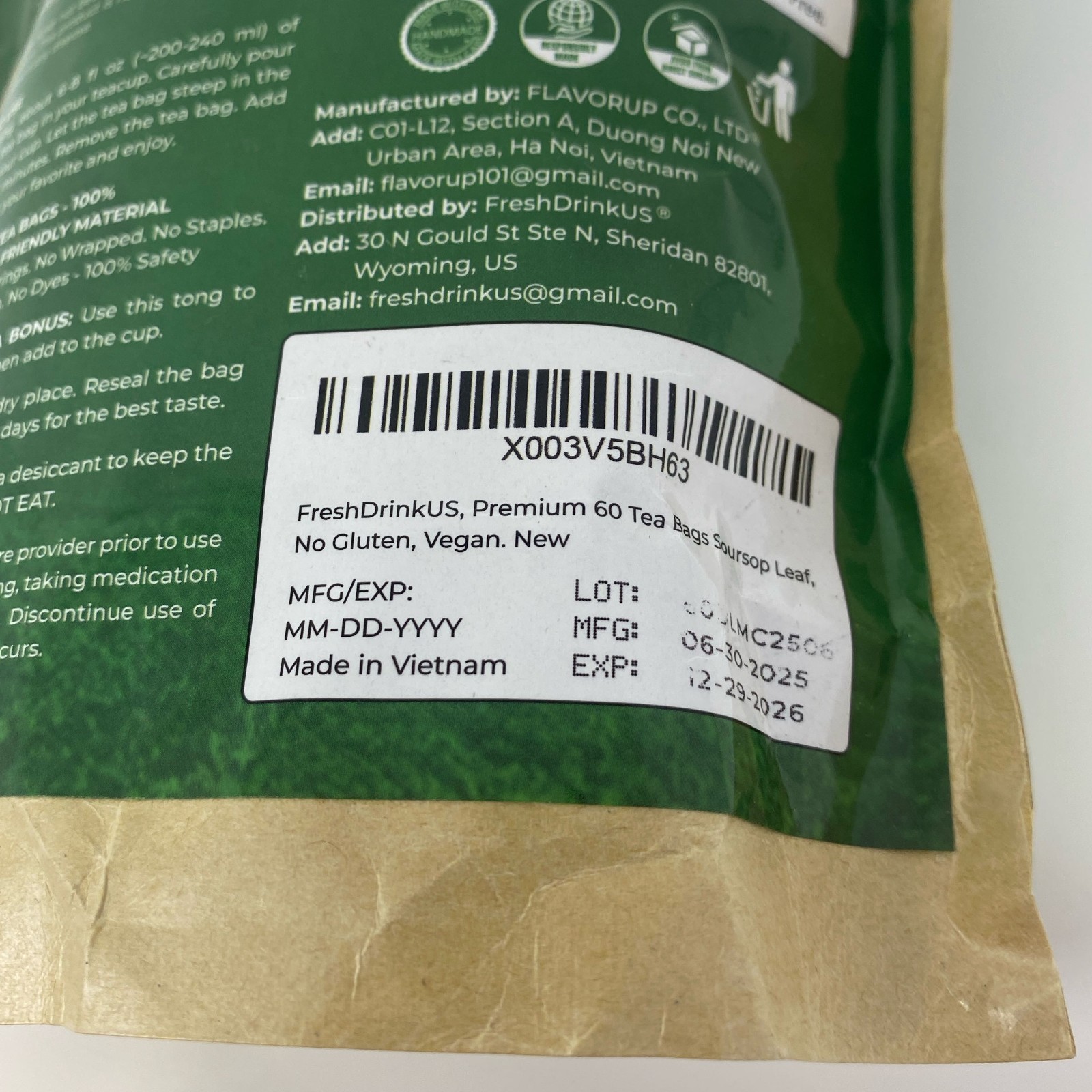 FreshDrinkUS Soursop Leaf Tea Bags, 60ct (3.8oz), Green