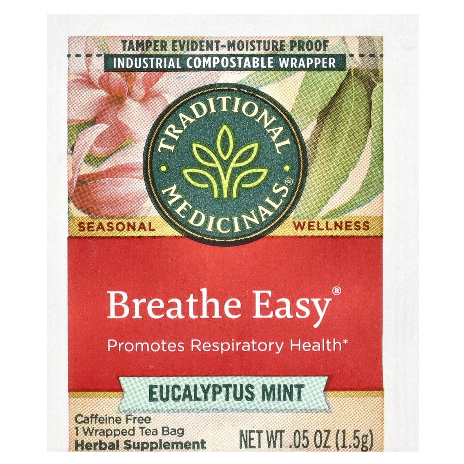 Breathe Easy, Eucalyptus Mint, Caffeine Free, 16 Wrapped Tea Bags, .85 oz (24 g)
