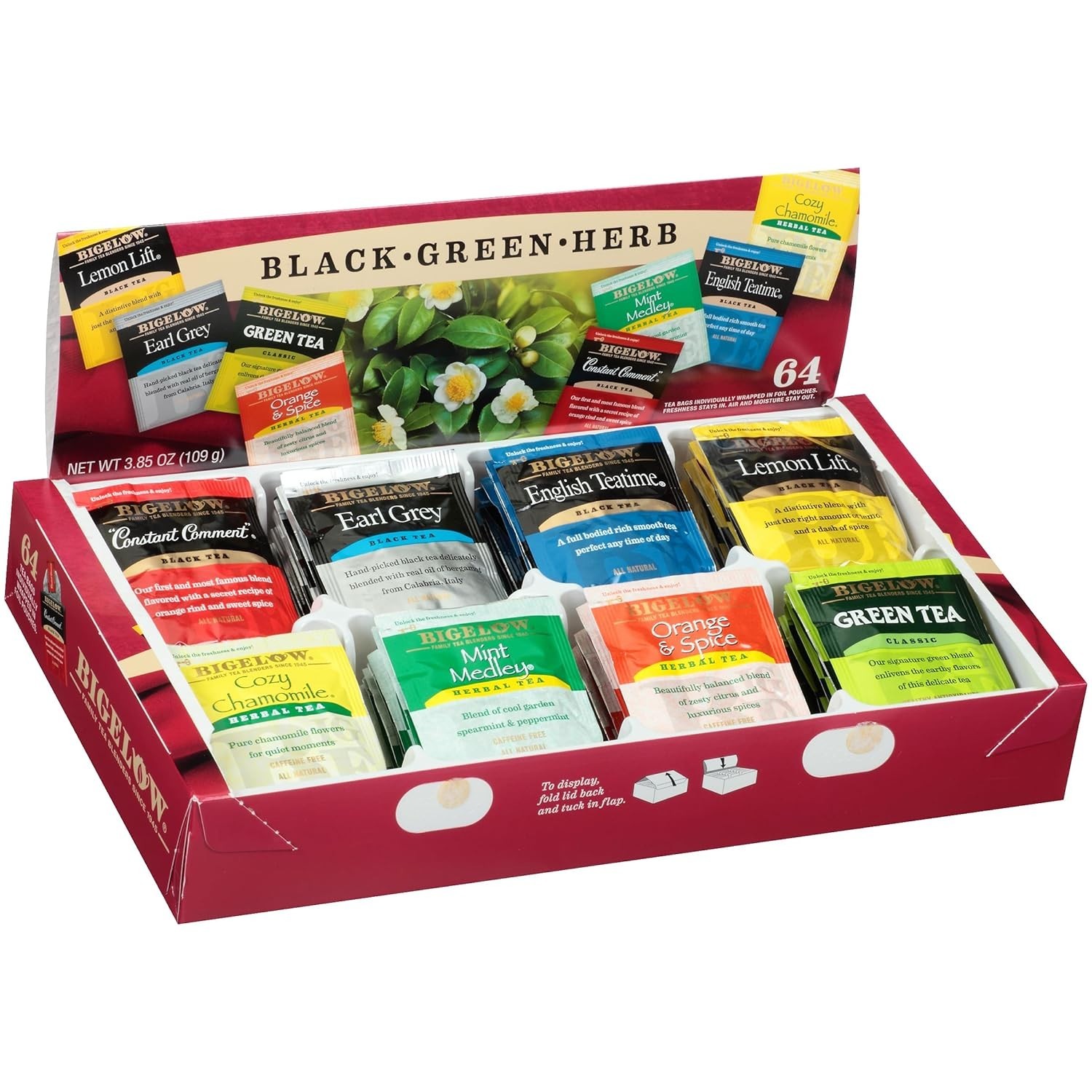Bigelow 64 Count Tea Sampler Variety Pack Black Green Herbal Tea Bags
