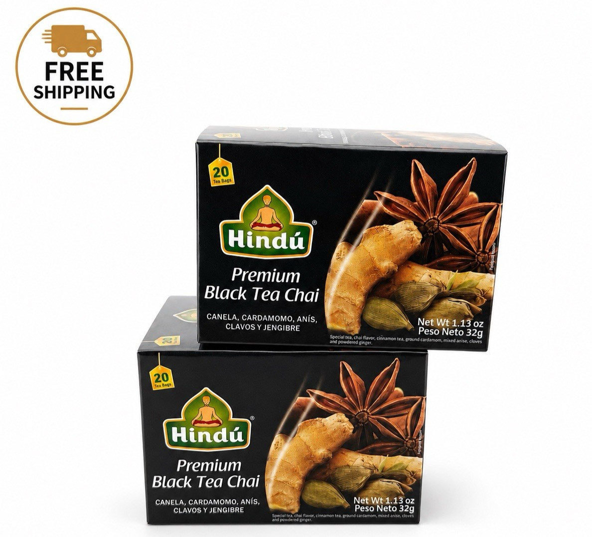 Hindu Premium Black Tea Chai 2 Pack 40 Tea Bags Cinnamon Cardamom Ginger Clove